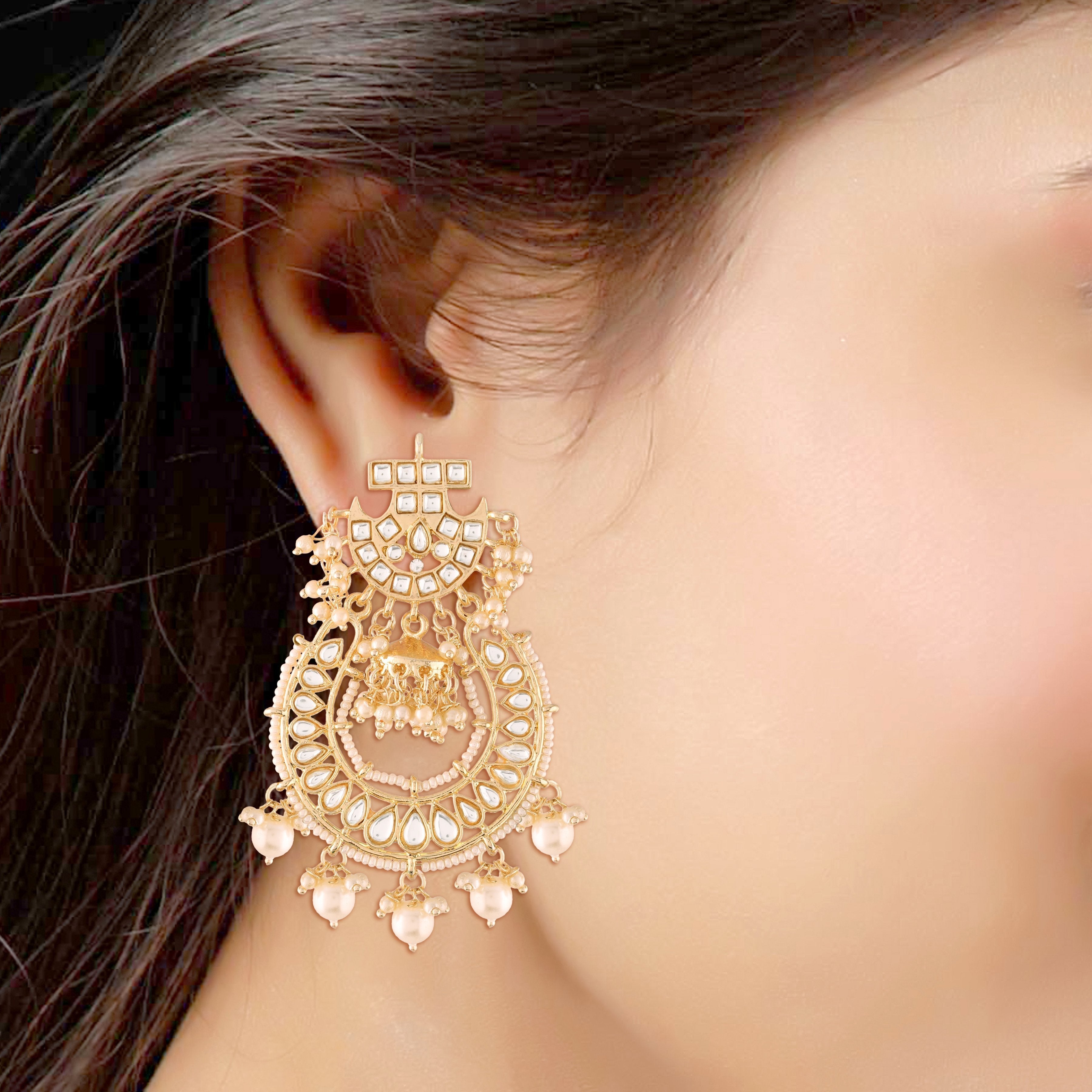 Women's  Gold Plated Kundan & Pearl Traditional Handcrafted White  Jhumki
