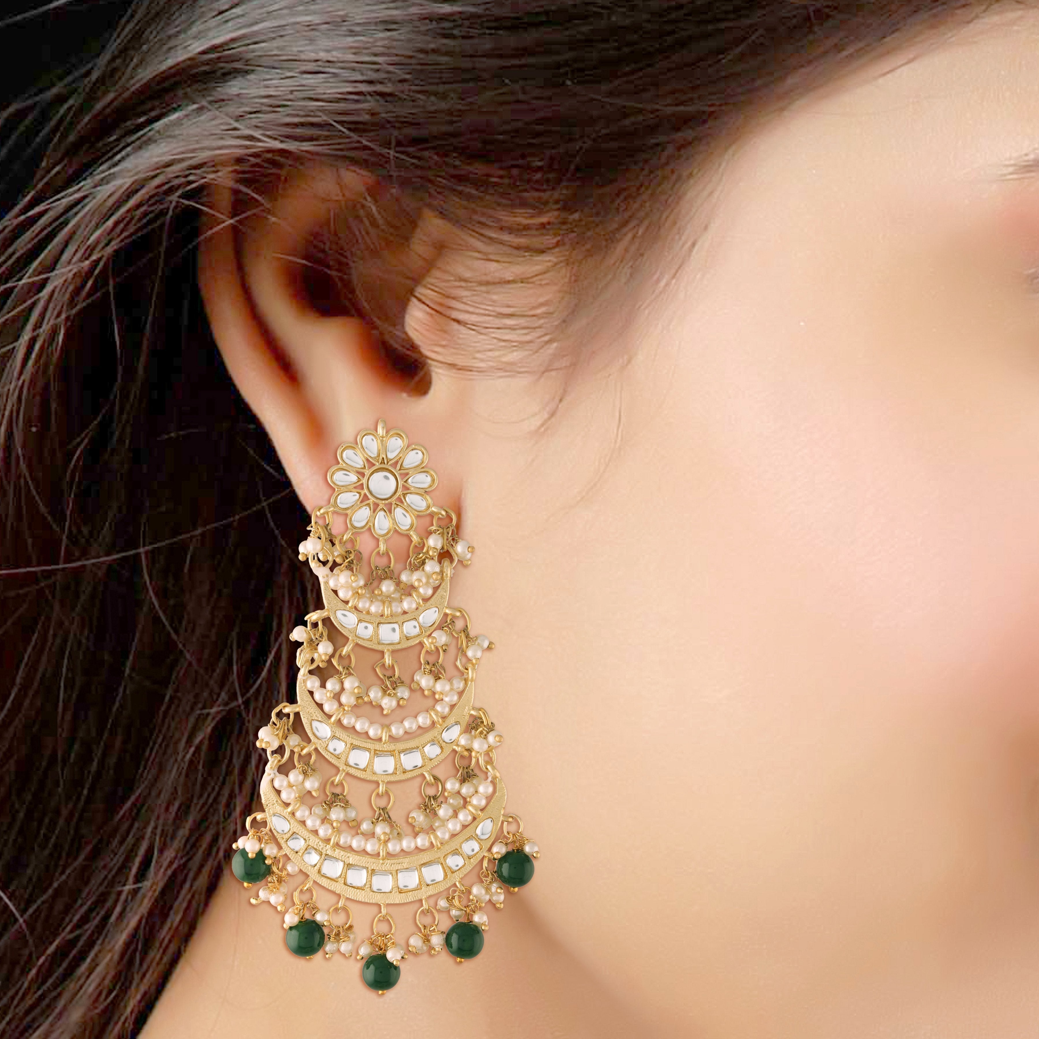 Women's  Gold Plated 3 Layered Green Beaded Chandbali Earrings With Kundan And Pearl Work