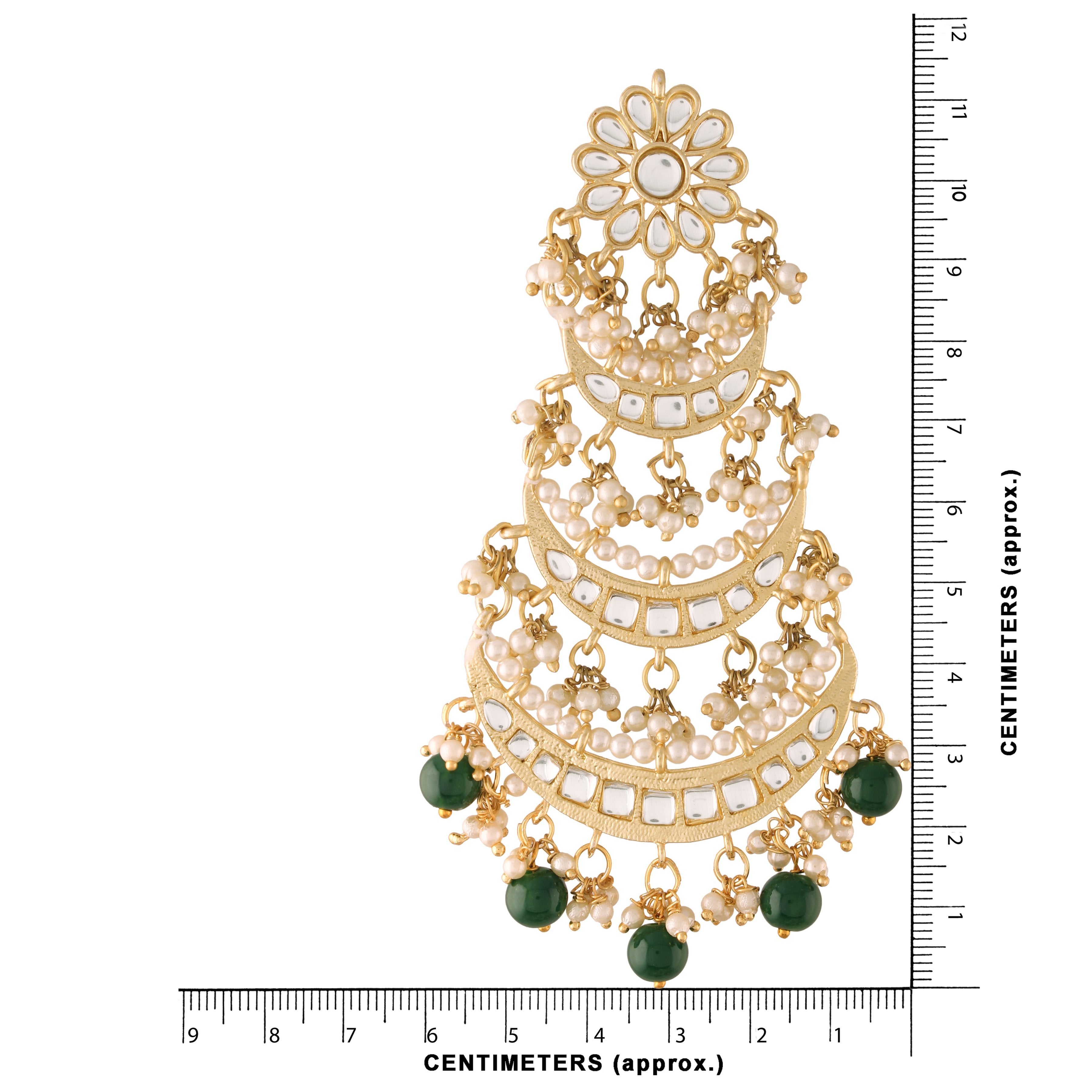 Women's  Gold Plated 3 Layered Green Beaded Chandbali Earrings With Kundan And Pearl Work