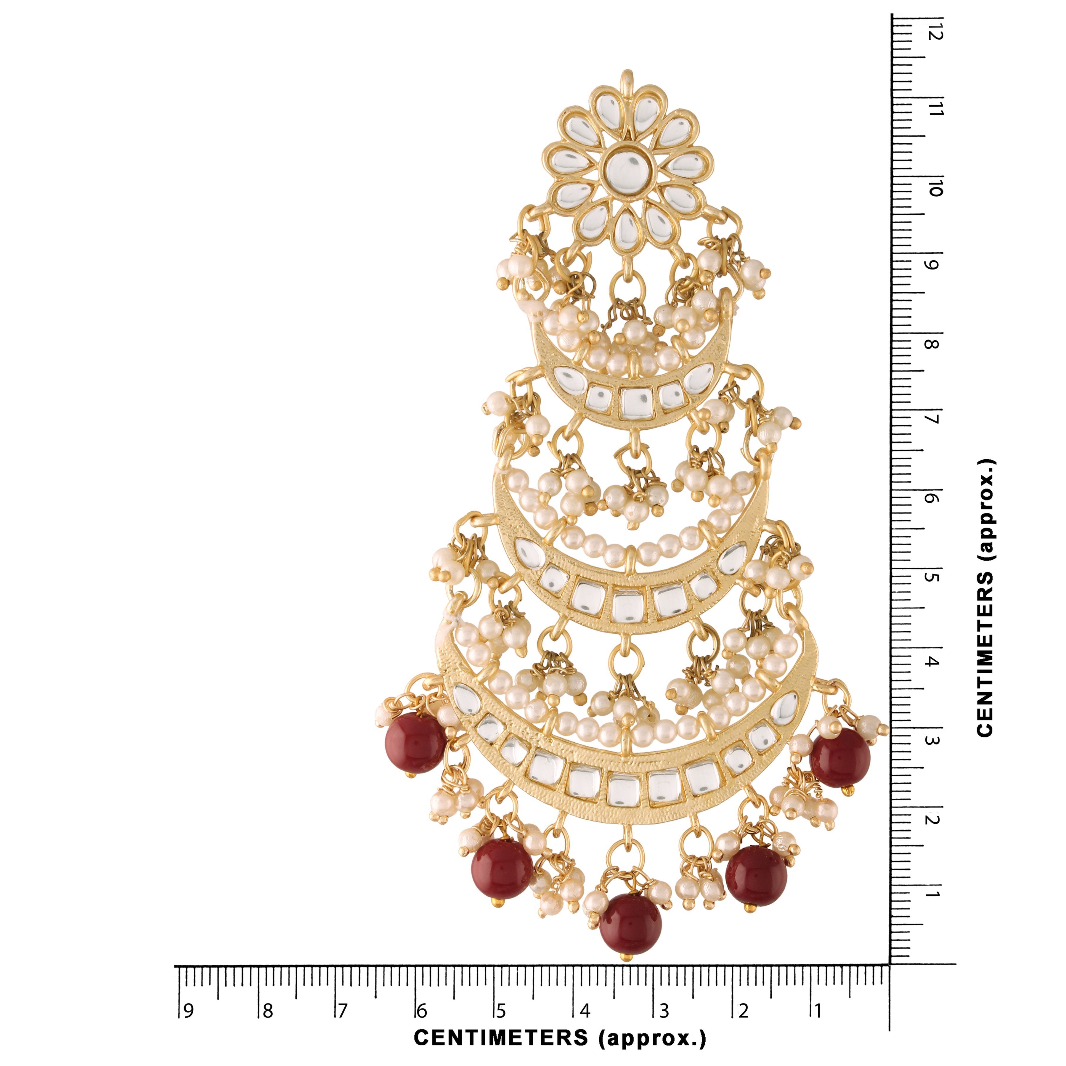 Women's  Gold Plated 3 Layered Marron Beaded Chandbali Earrings With Kundan And Pearl Work