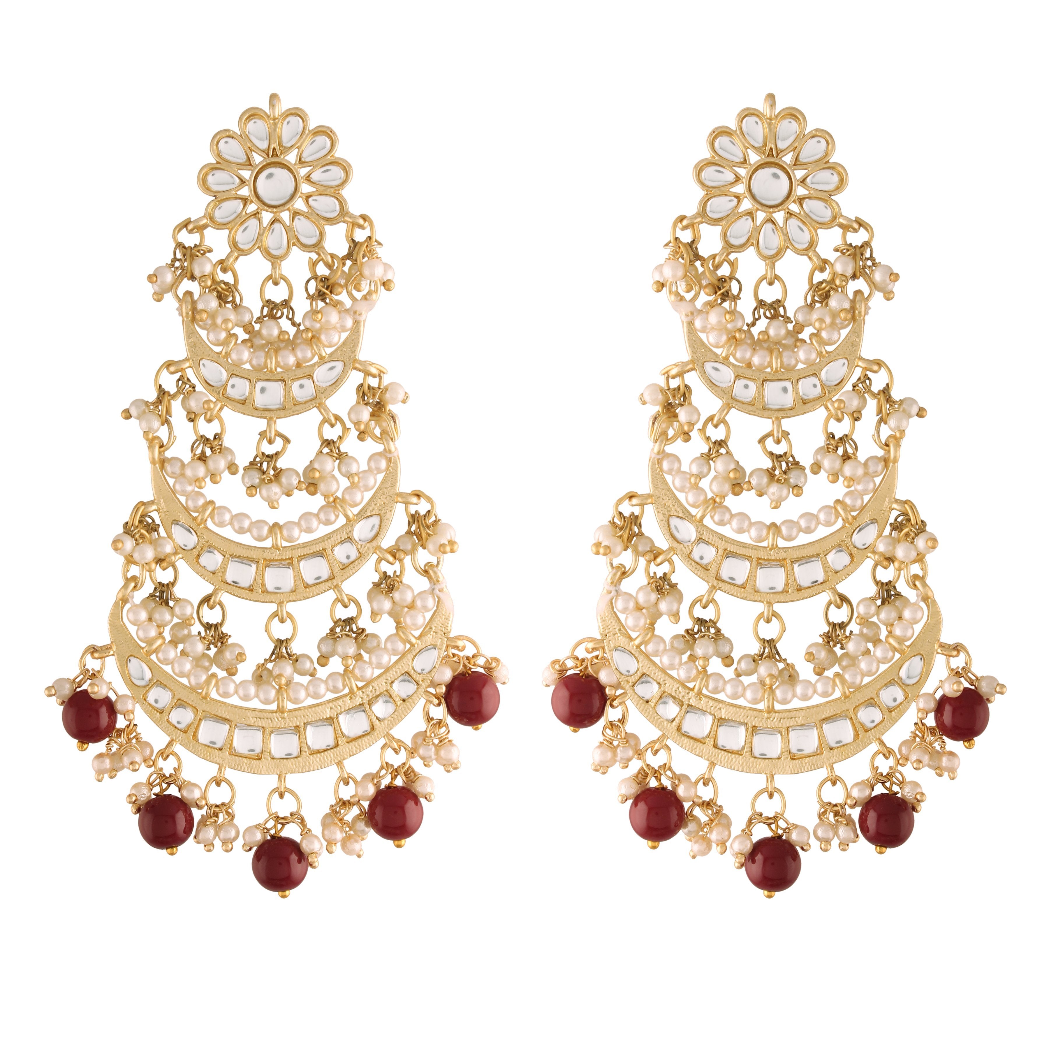 Women's  Gold Plated 3 Layered Marron Beaded Chandbali Earrings With Kundan And Pearl Work