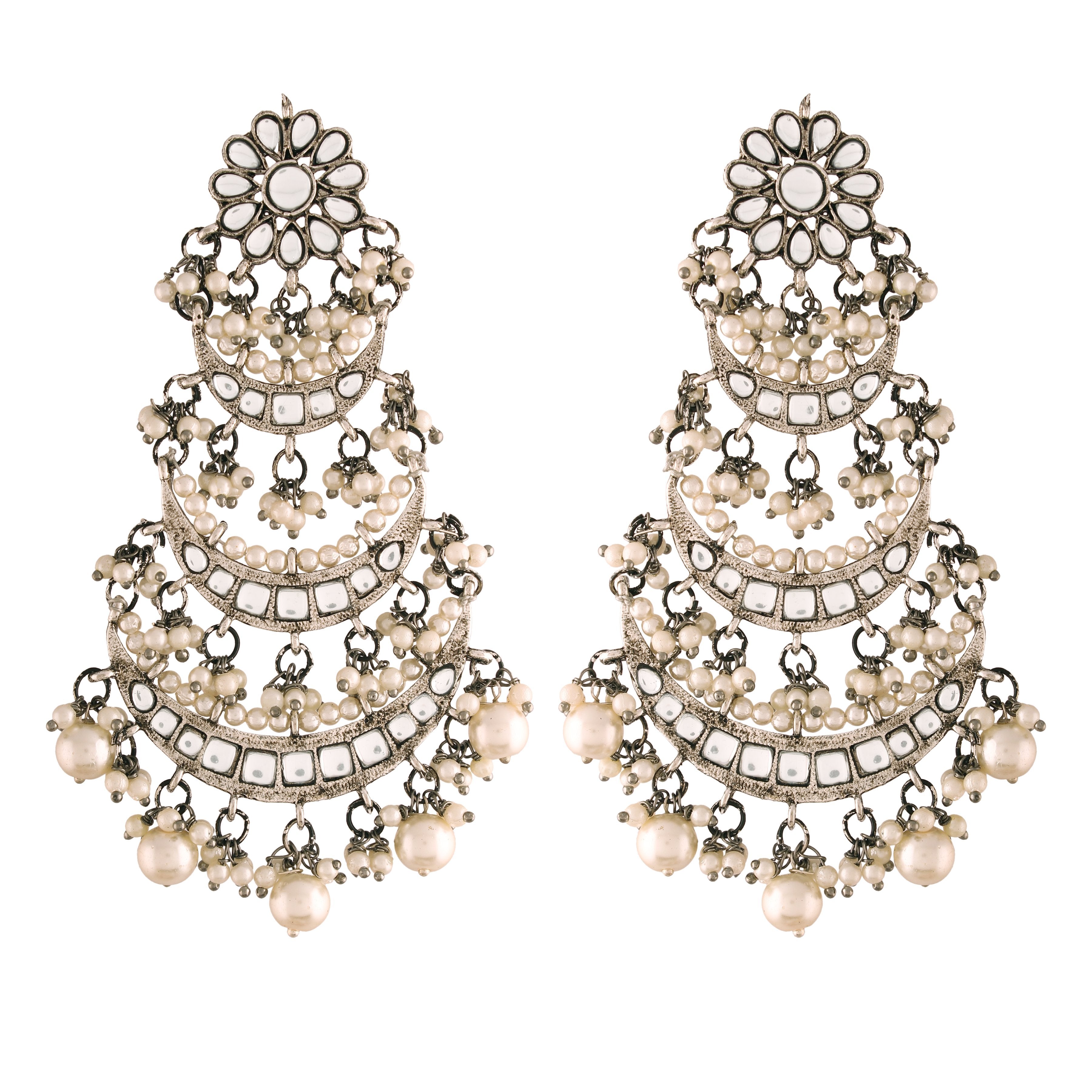 Women's  Silver Oxidised 3 Layered Chandbali Earrings With Kundan And Pearl Work
