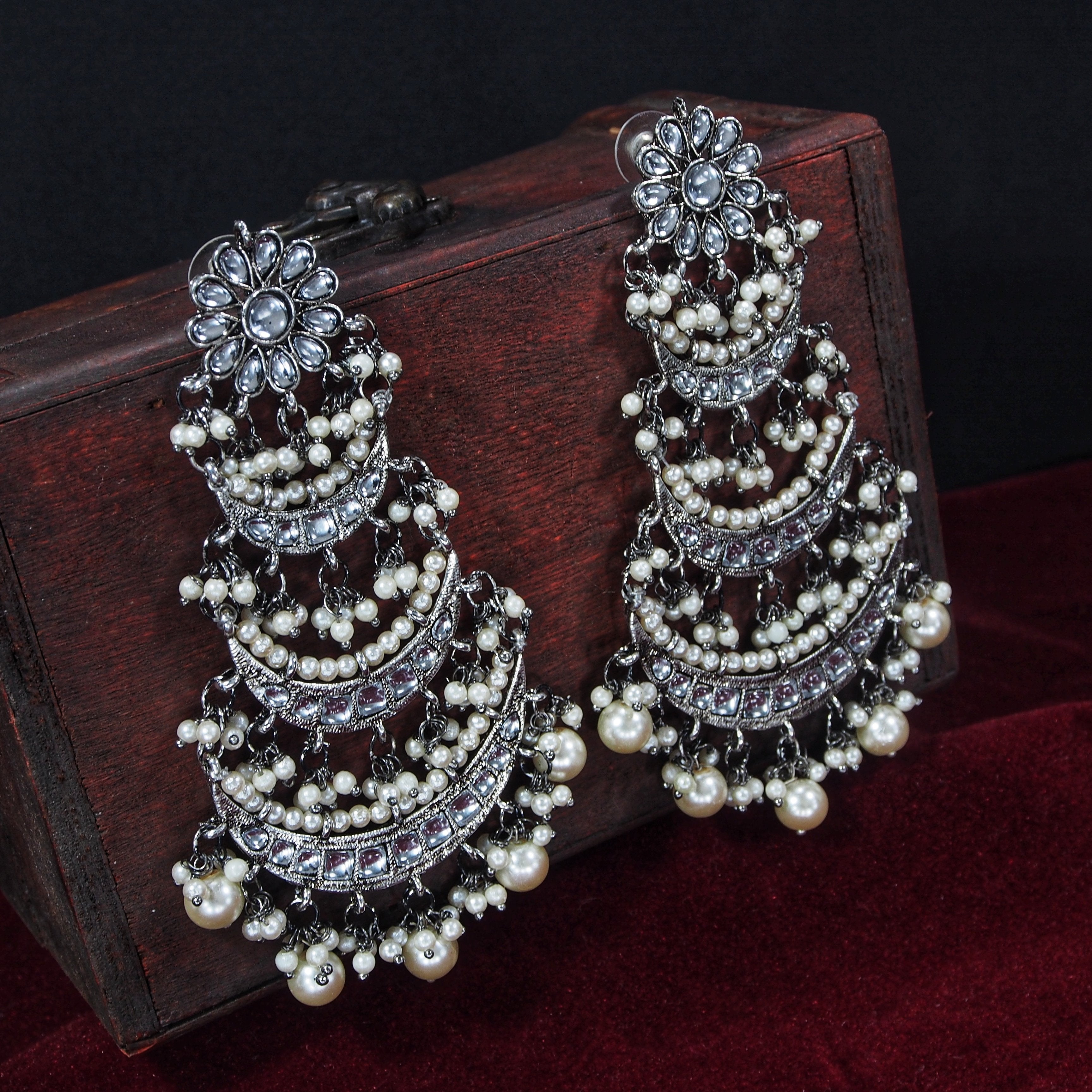Women's  Silver Oxidised 3 Layered Chandbali Earrings With Kundan And Pearl Work