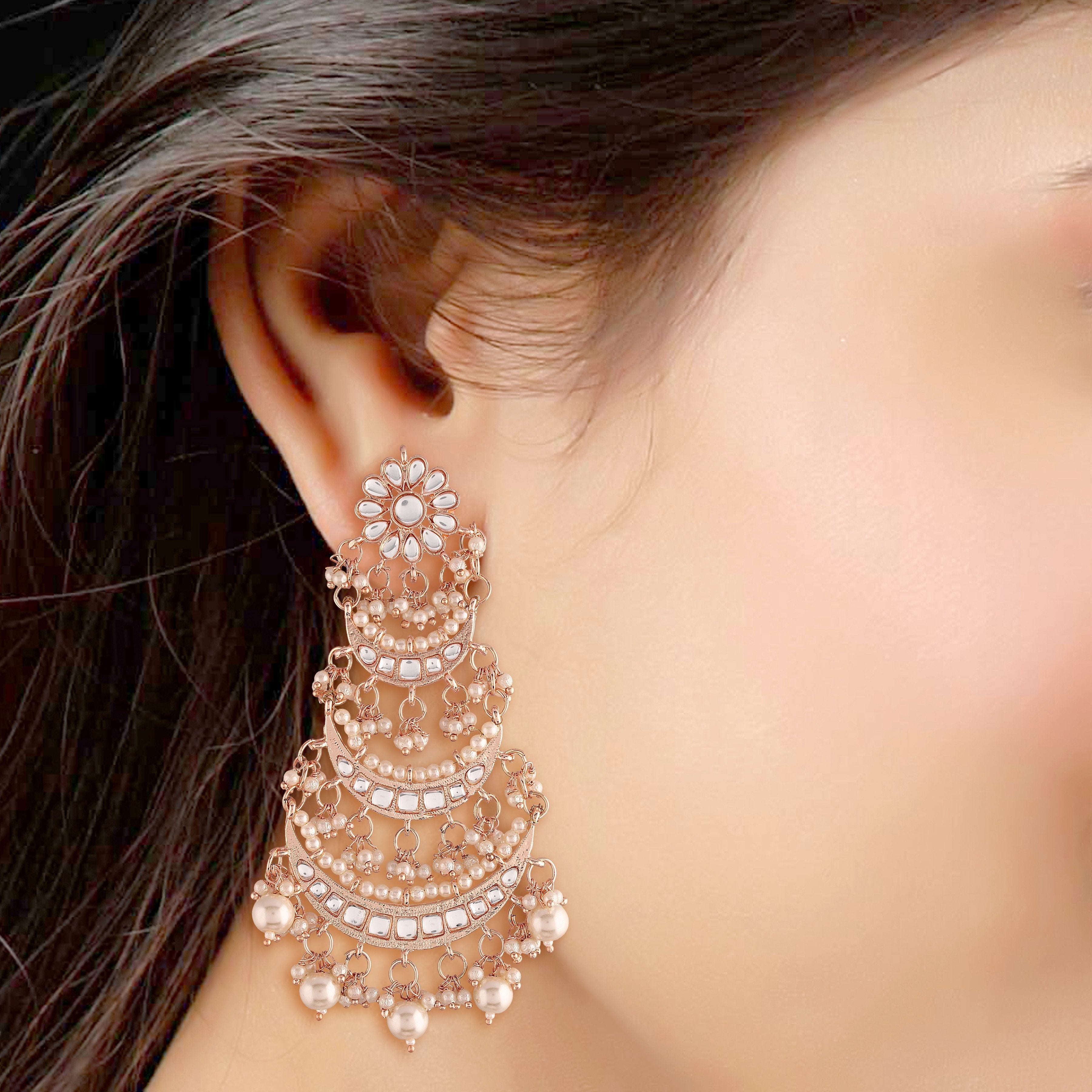 Women's  Rose Gold Plated 3 Layered Beaded Chandbali Earrings With Kundan And Pearl Work