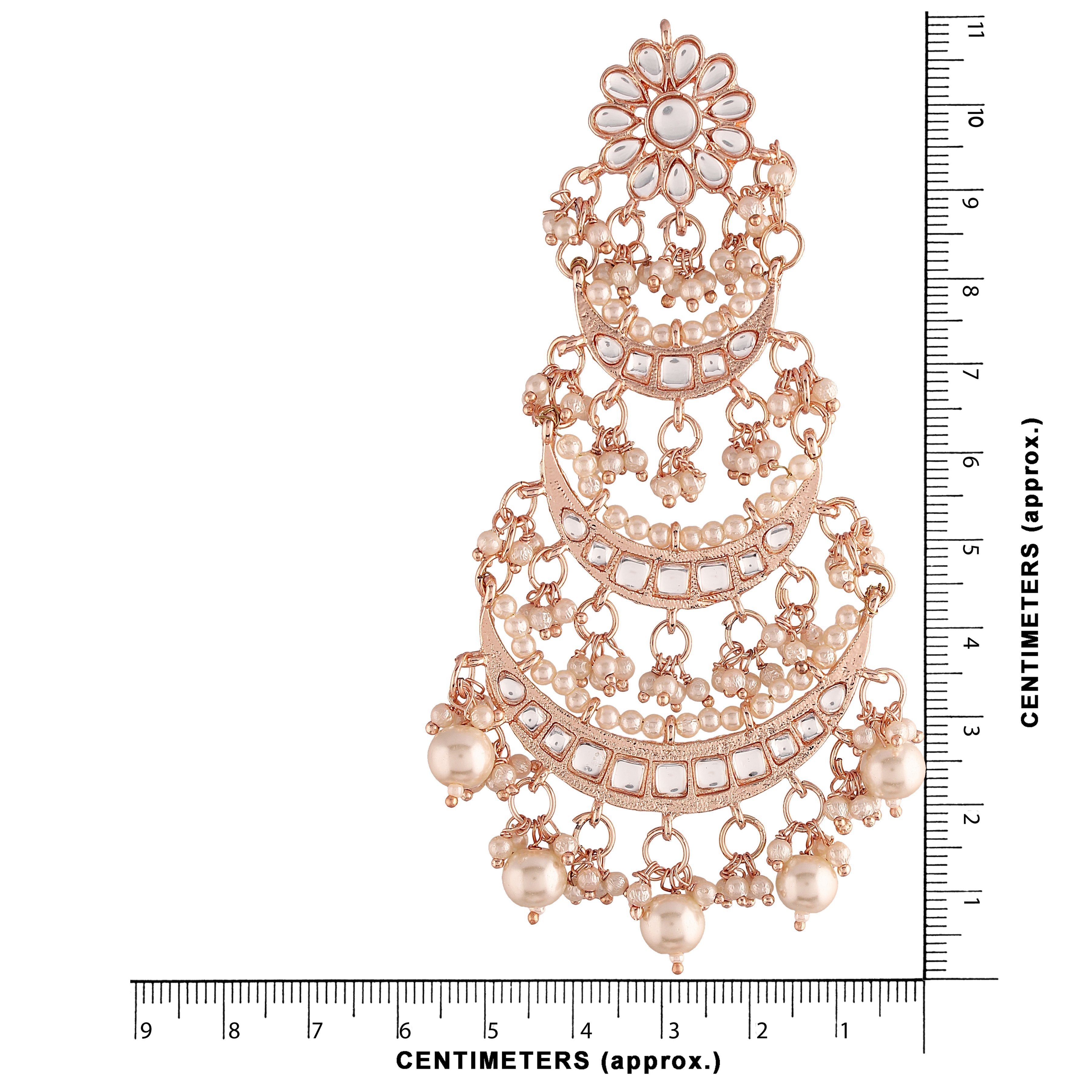Women's  Rose Gold Plated 3 Layered Beaded Chandbali Earrings With Kundan And Pearl Work