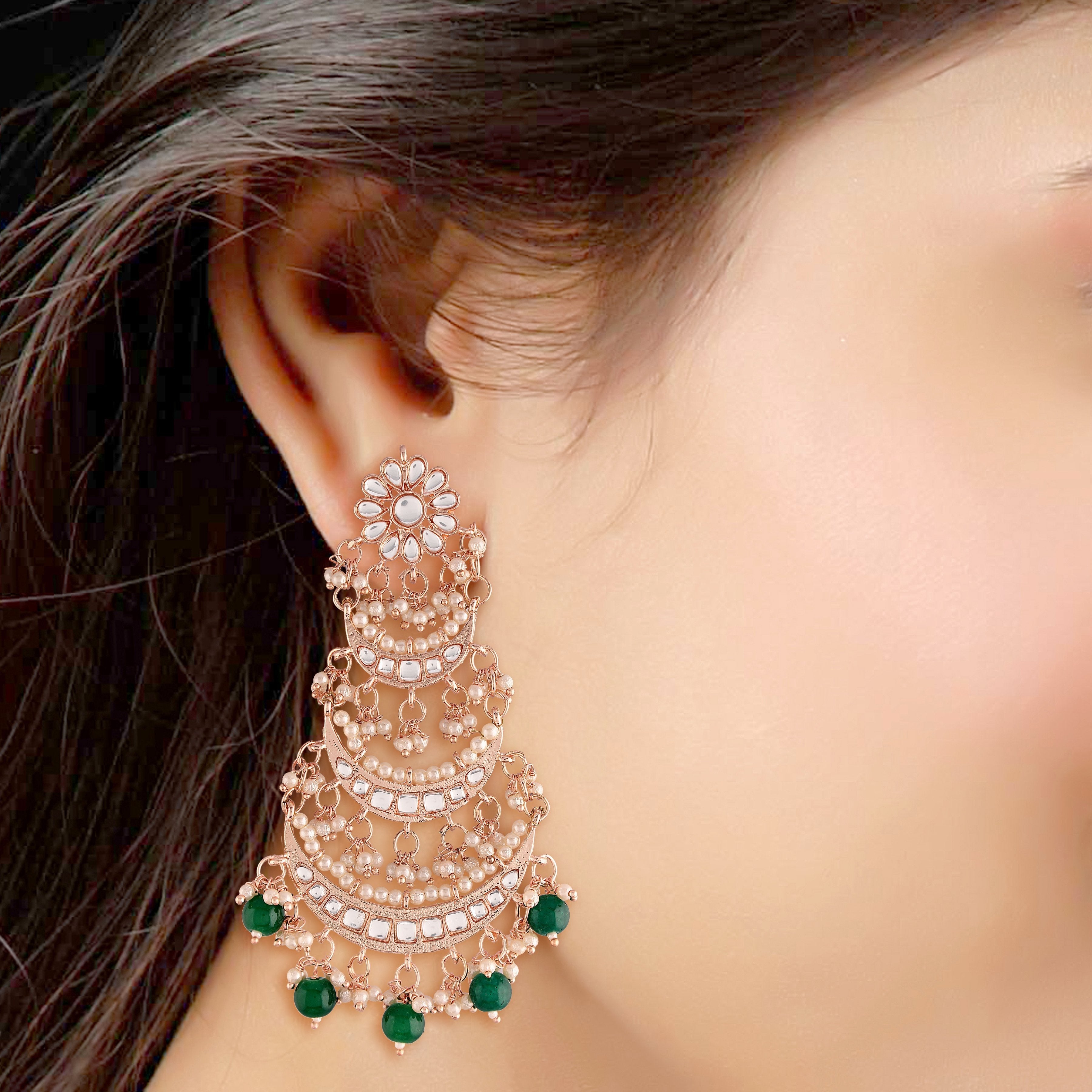 Women's  Rose Gold Plated 3 Layered Beaded Chandbali Earrings With Kundan And Pearl Work