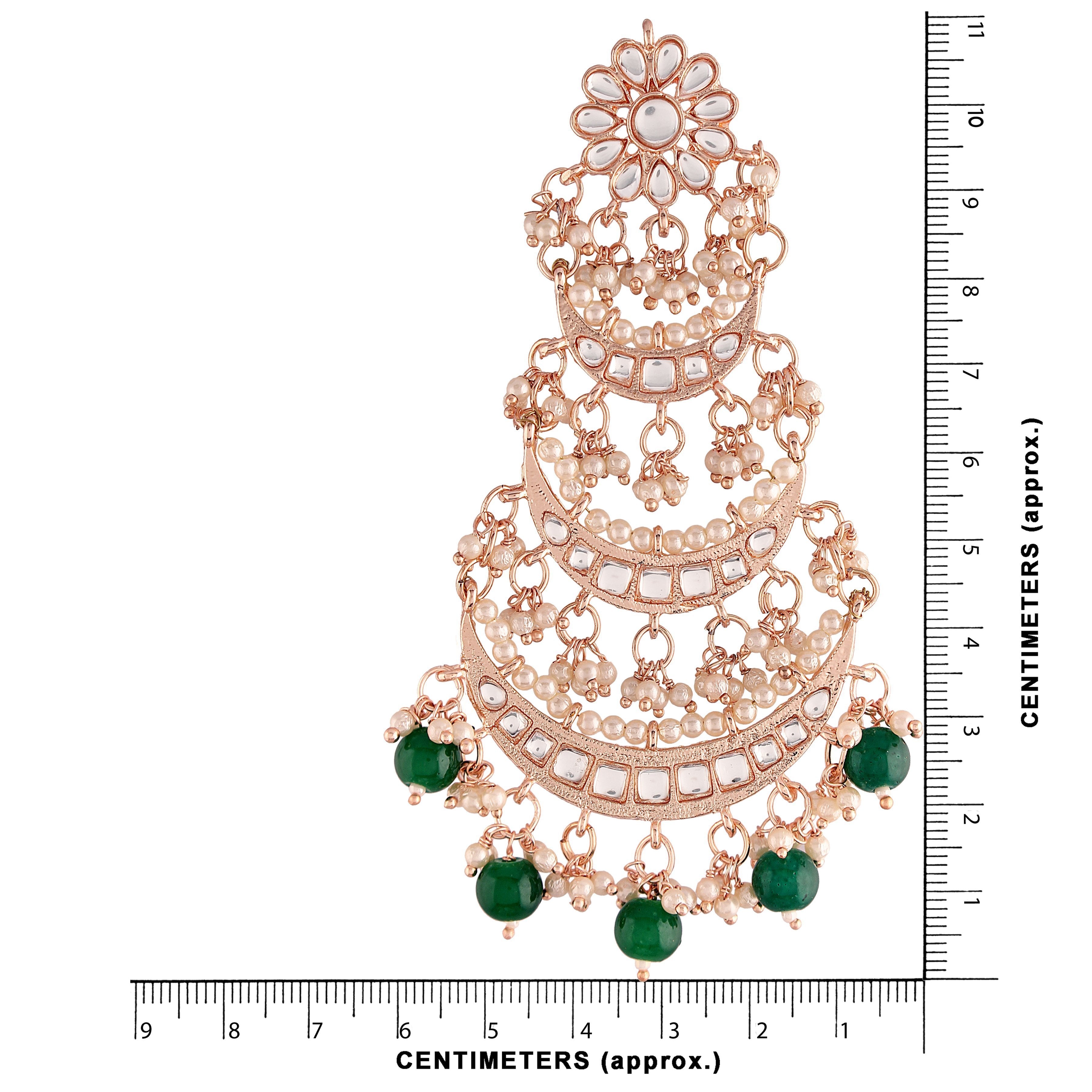 Women's  Rose Gold Plated 3 Layered Beaded Chandbali Earrings With Kundan And Pearl Work