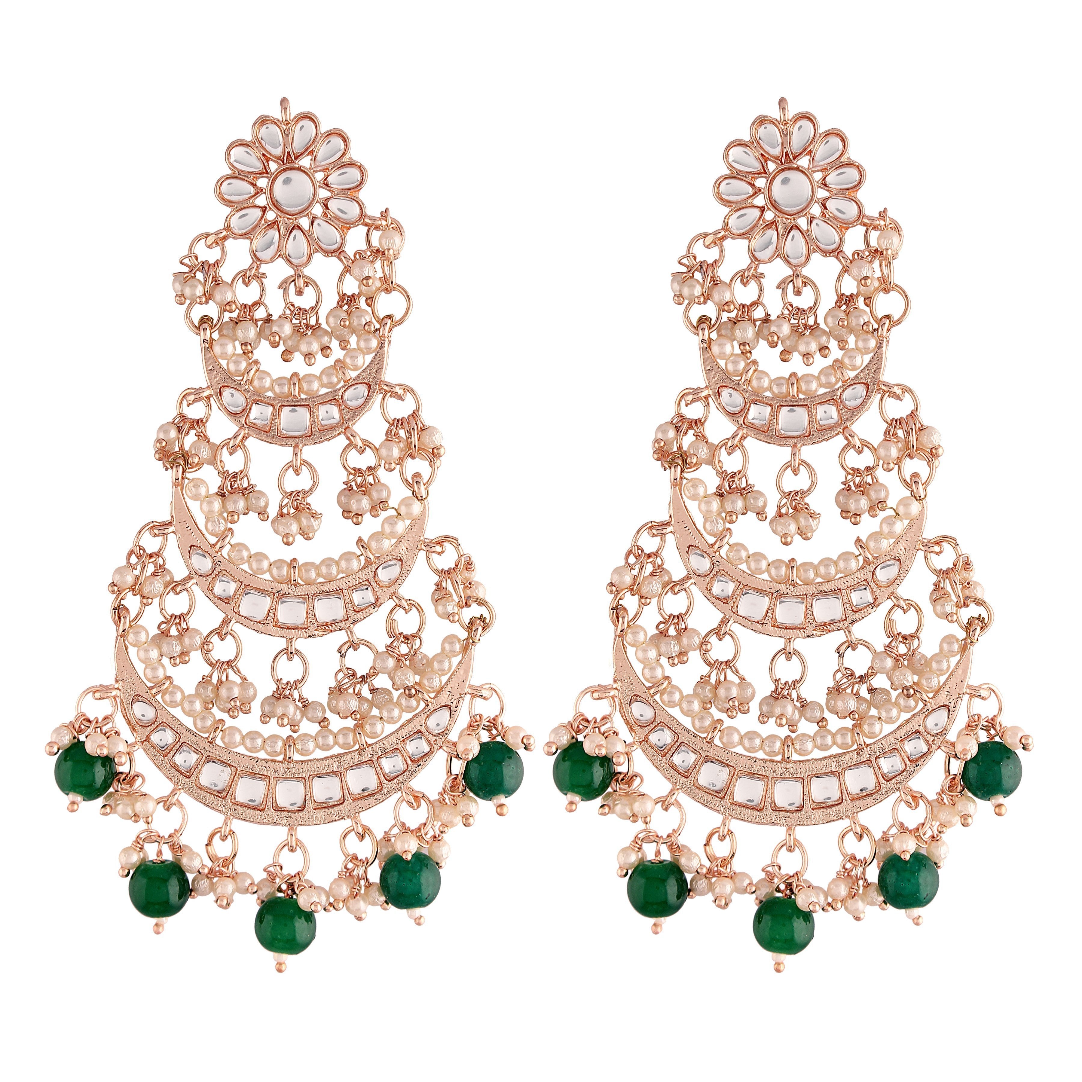 Women's  Rose Gold Plated 3 Layered Beaded Chandbali Earrings With Kundan And Pearl Work