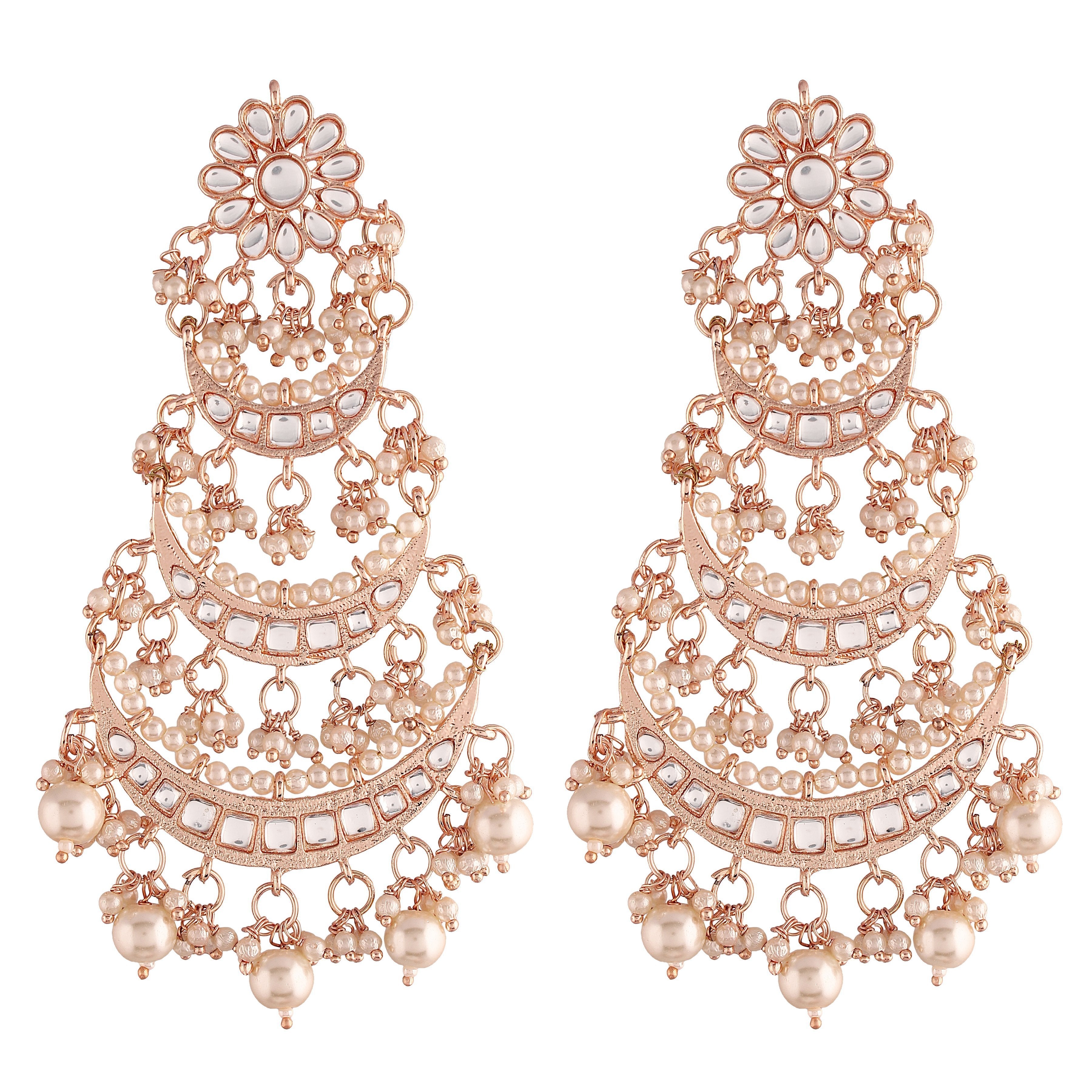Women's  Rose Gold Plated 3 Layered Beaded Chandbali Earrings With Kundan And Pearl Work