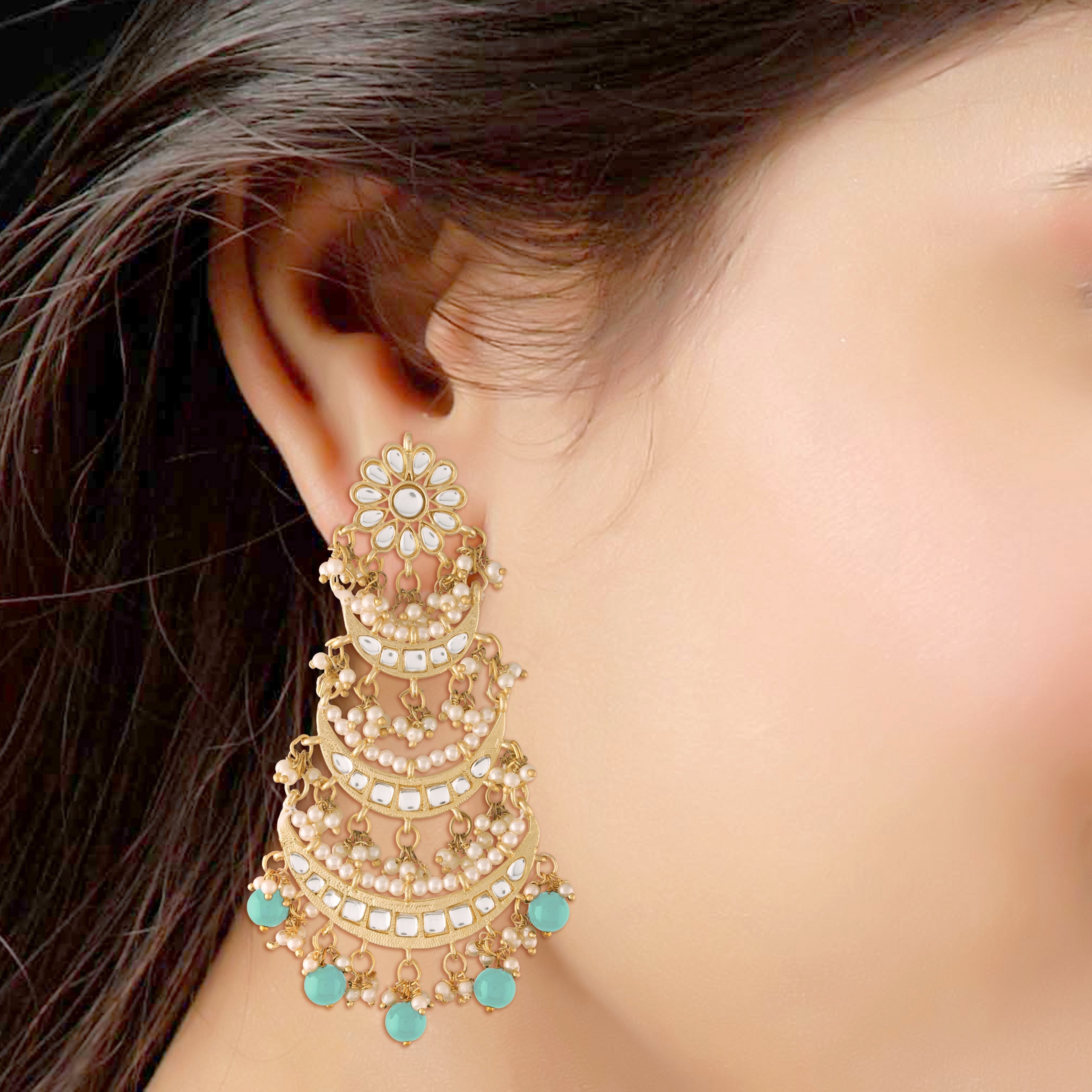 Women's Turquoise Gold Plated 3 Layered Beaded Chandbali Earrings With Kundan And Pearl Work