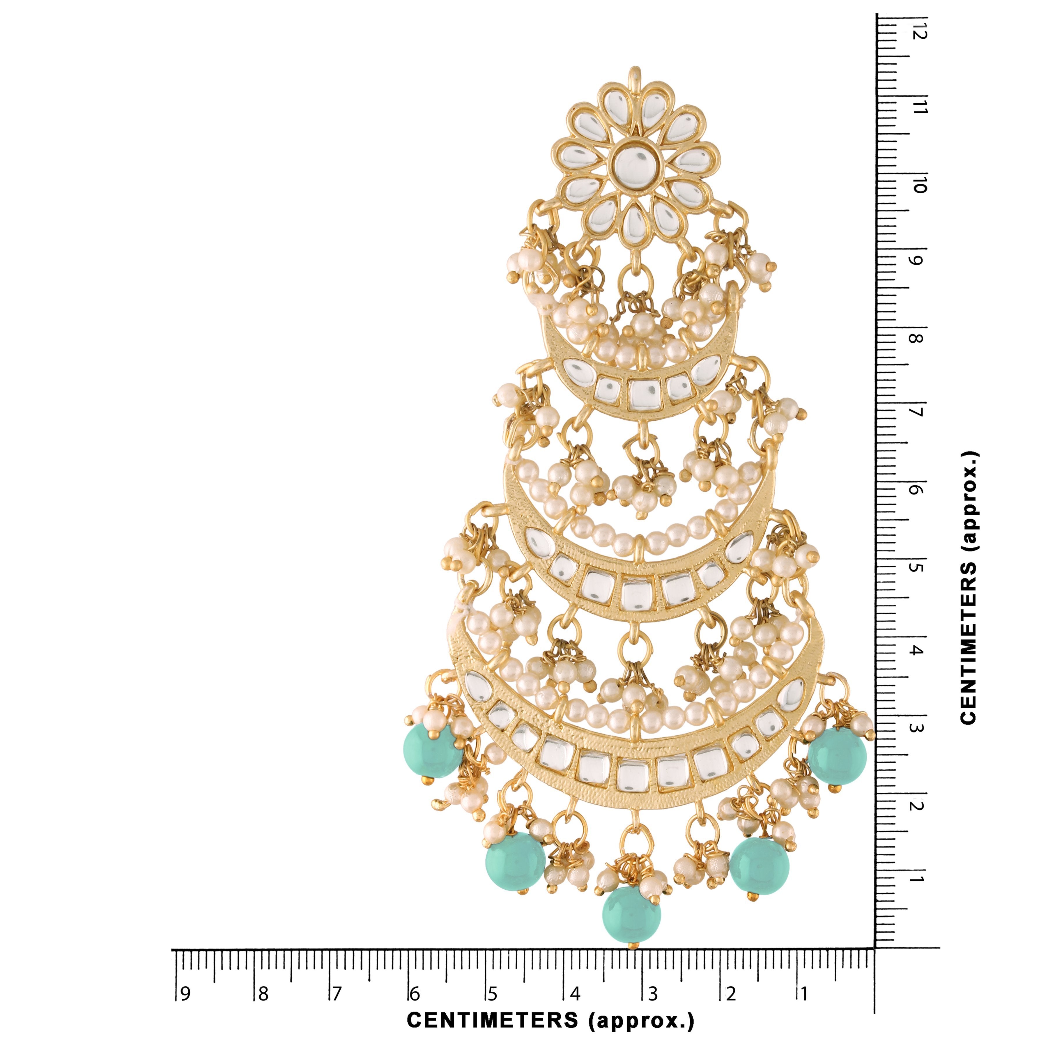 Women's Turquoise Gold Plated 3 Layered Beaded Chandbali Earrings With Kundan And Pearl Work