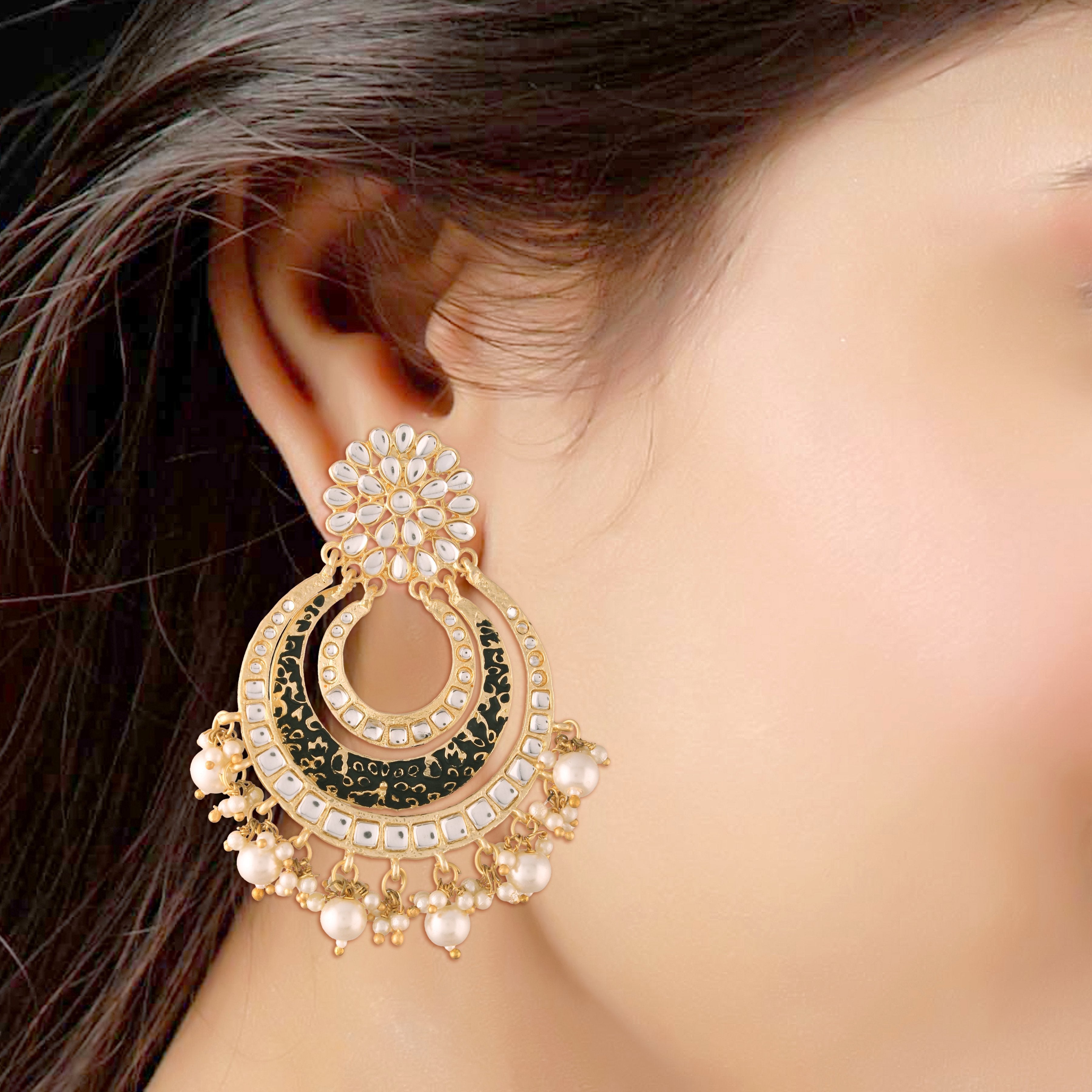 Women's Black Traditional Gold Plated Alloy Handmade Enamel Meenakari Earrings
