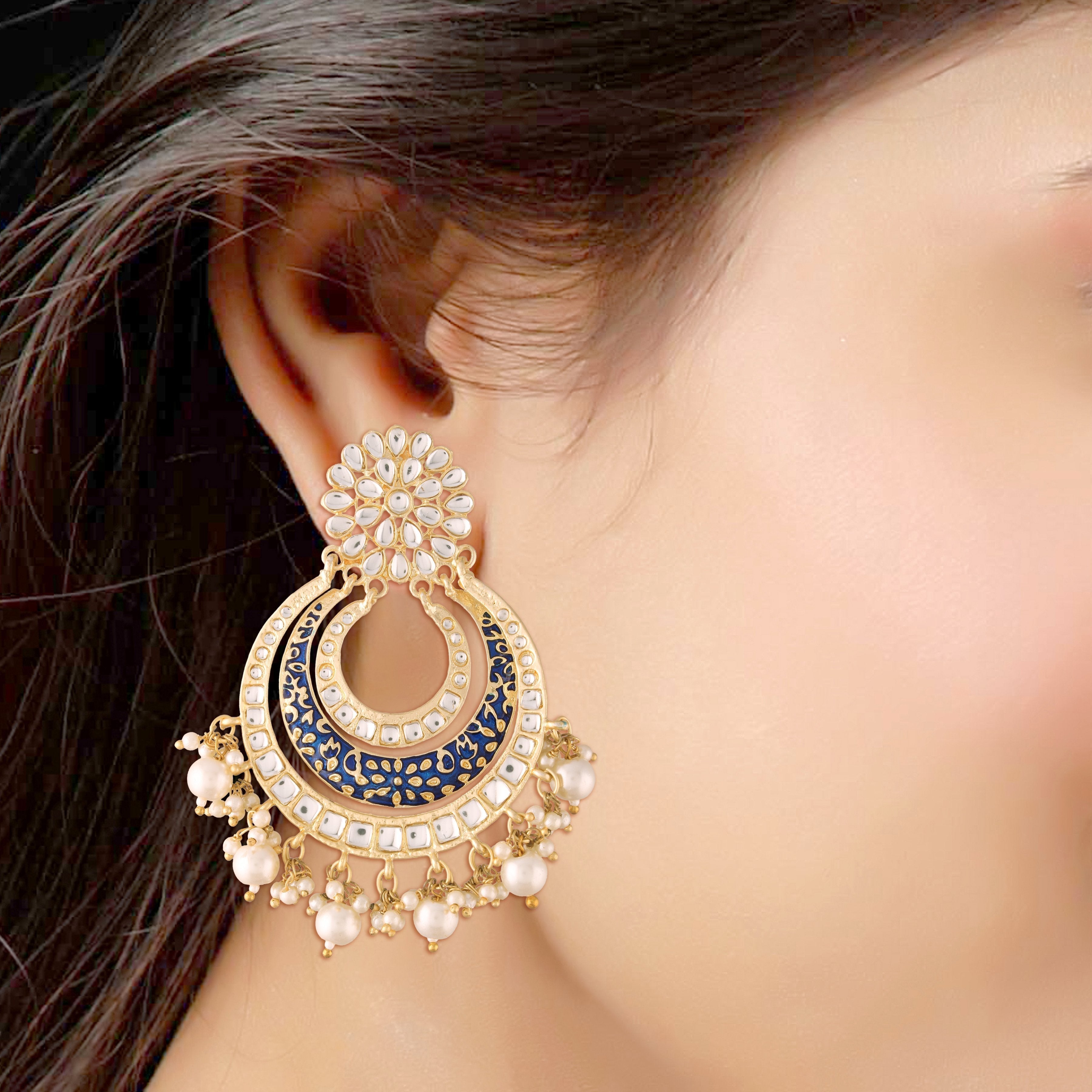 Women's  Black Handmade Royal Blue Enamel/Meenakari Kundan & Pearl Studded Earrings