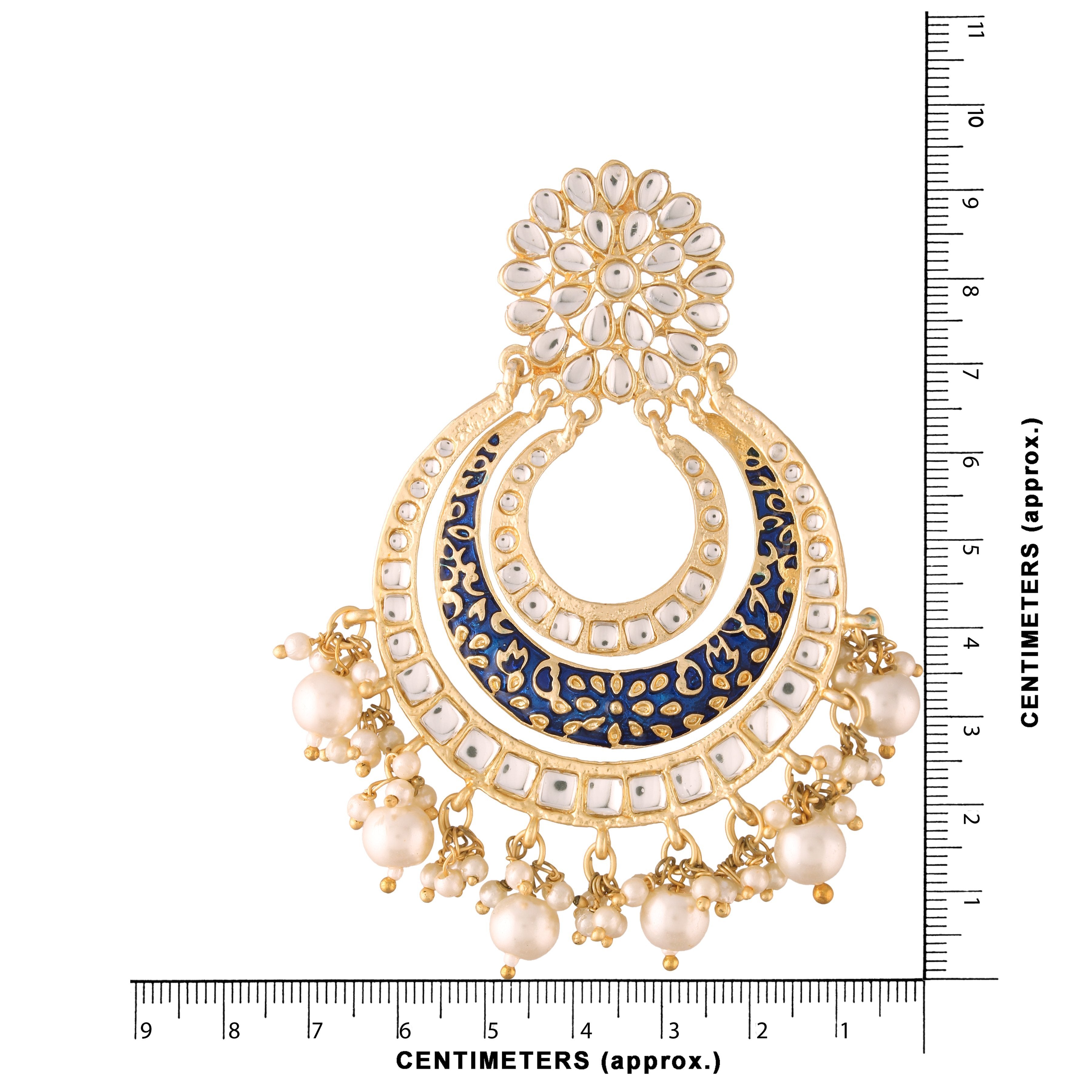 Women's  Black Handmade Royal Blue Enamel/Meenakari Kundan & Pearl Studded Earrings