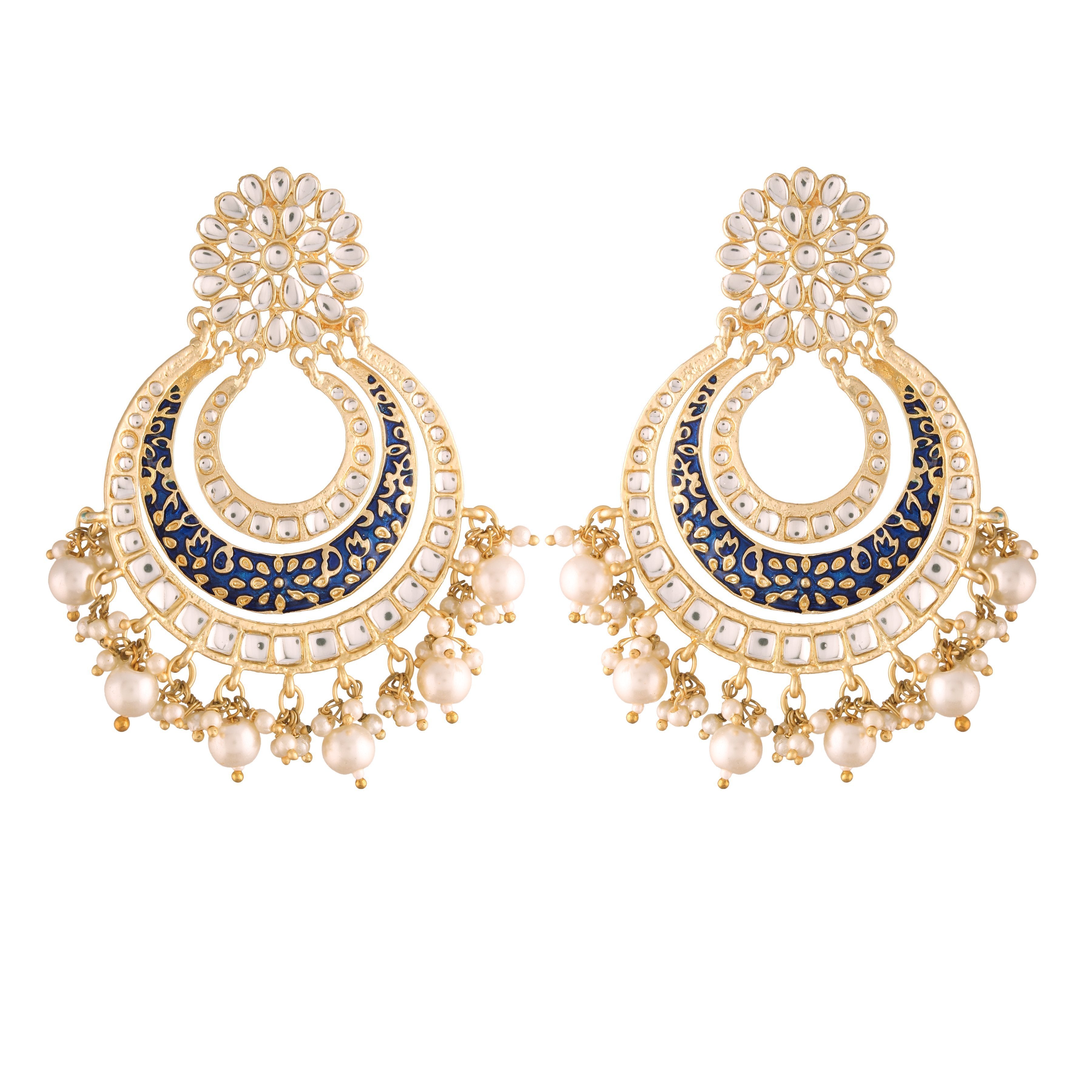 Women's  Black Handmade Royal Blue Enamel/Meenakari Kundan & Pearl Studded Earrings