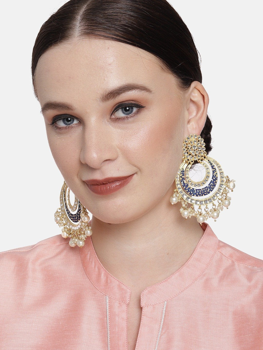 Women's  Black Handmade Royal Blue Enamel/Meenakari Kundan & Pearl Studded Earrings