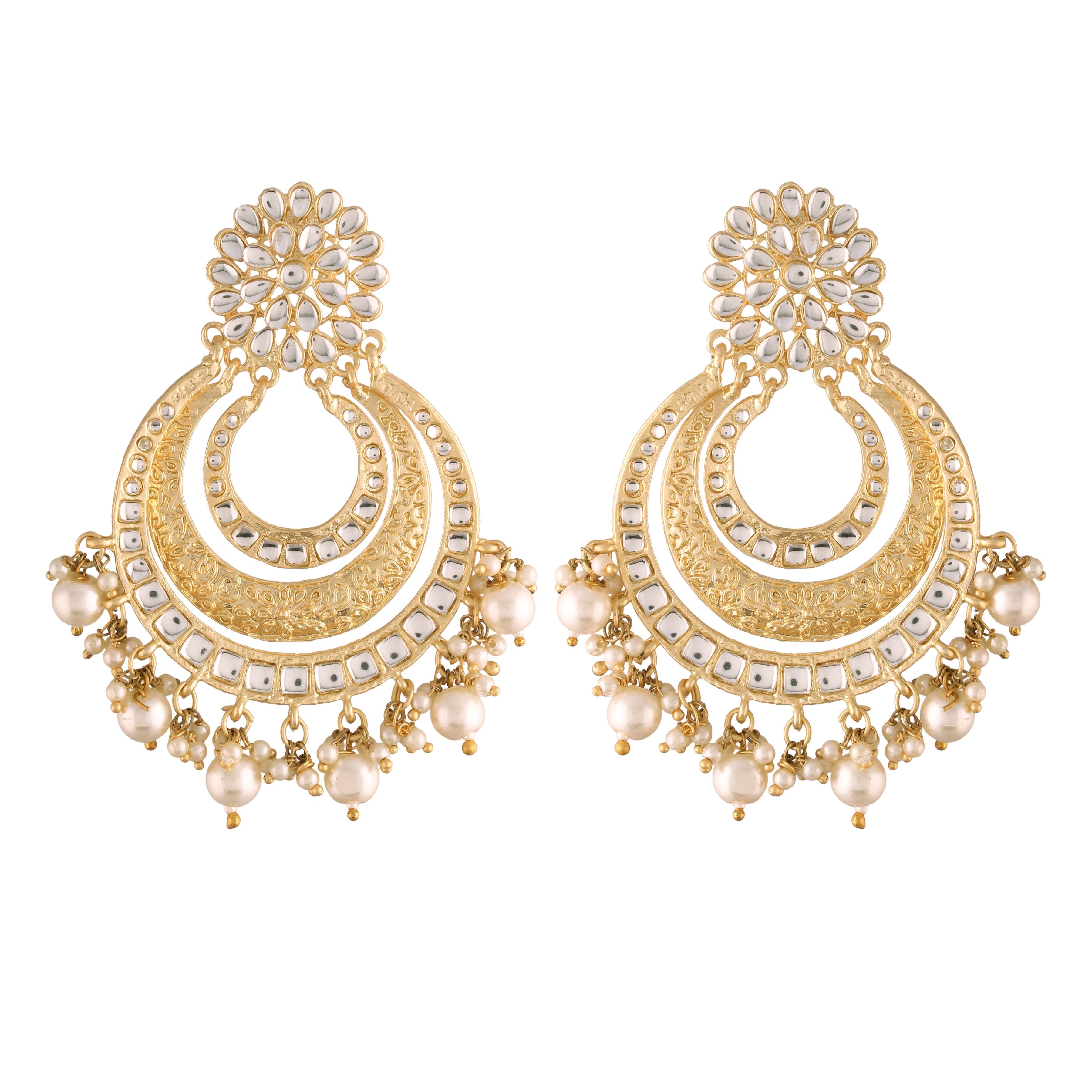 Women's  High Gold Matt Finish Plated Alloy Chandbali Kundan And Pearl Meenakari  Earrings