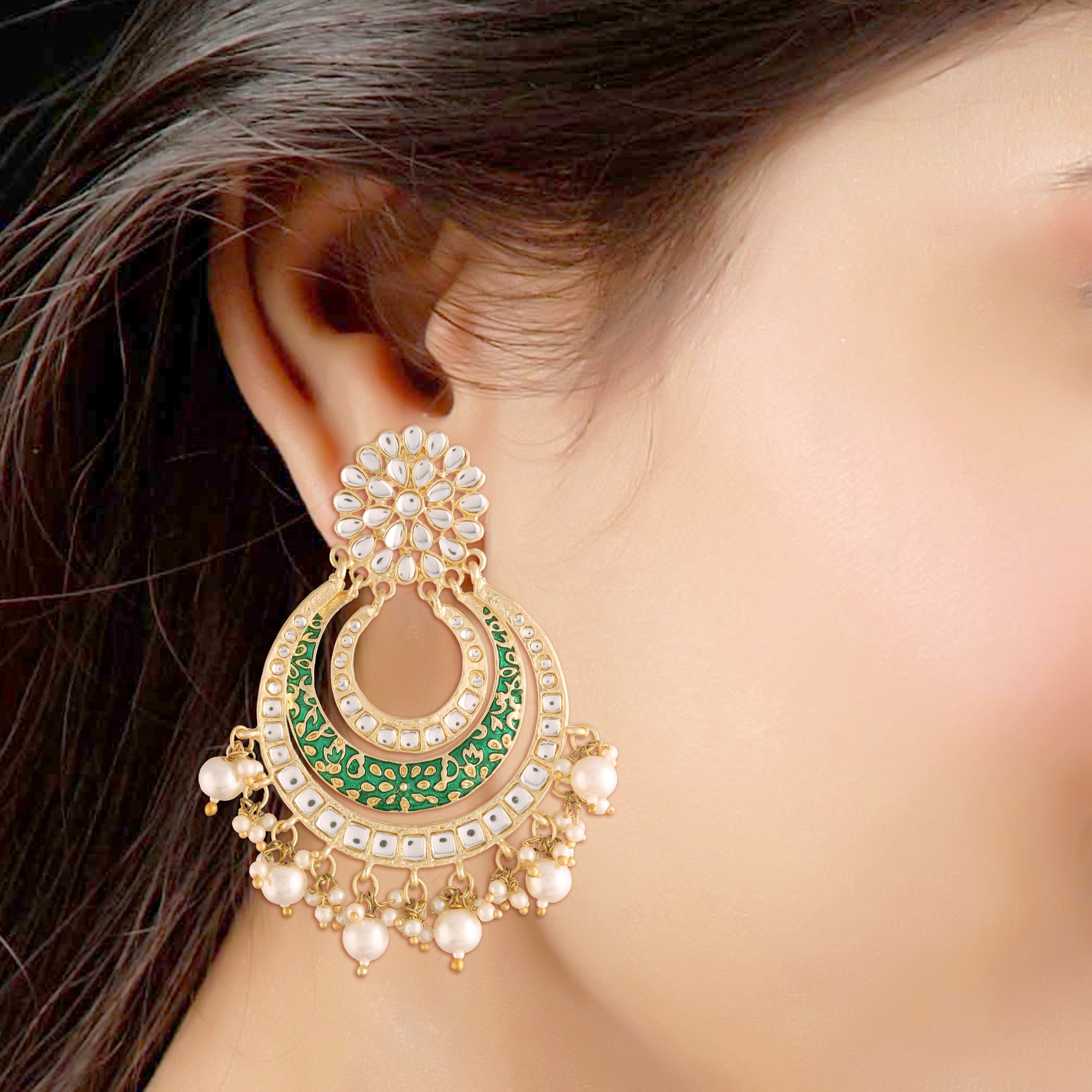 Women's  Gold Plated Alloy Kundan Stones & Pearl Green Earrings