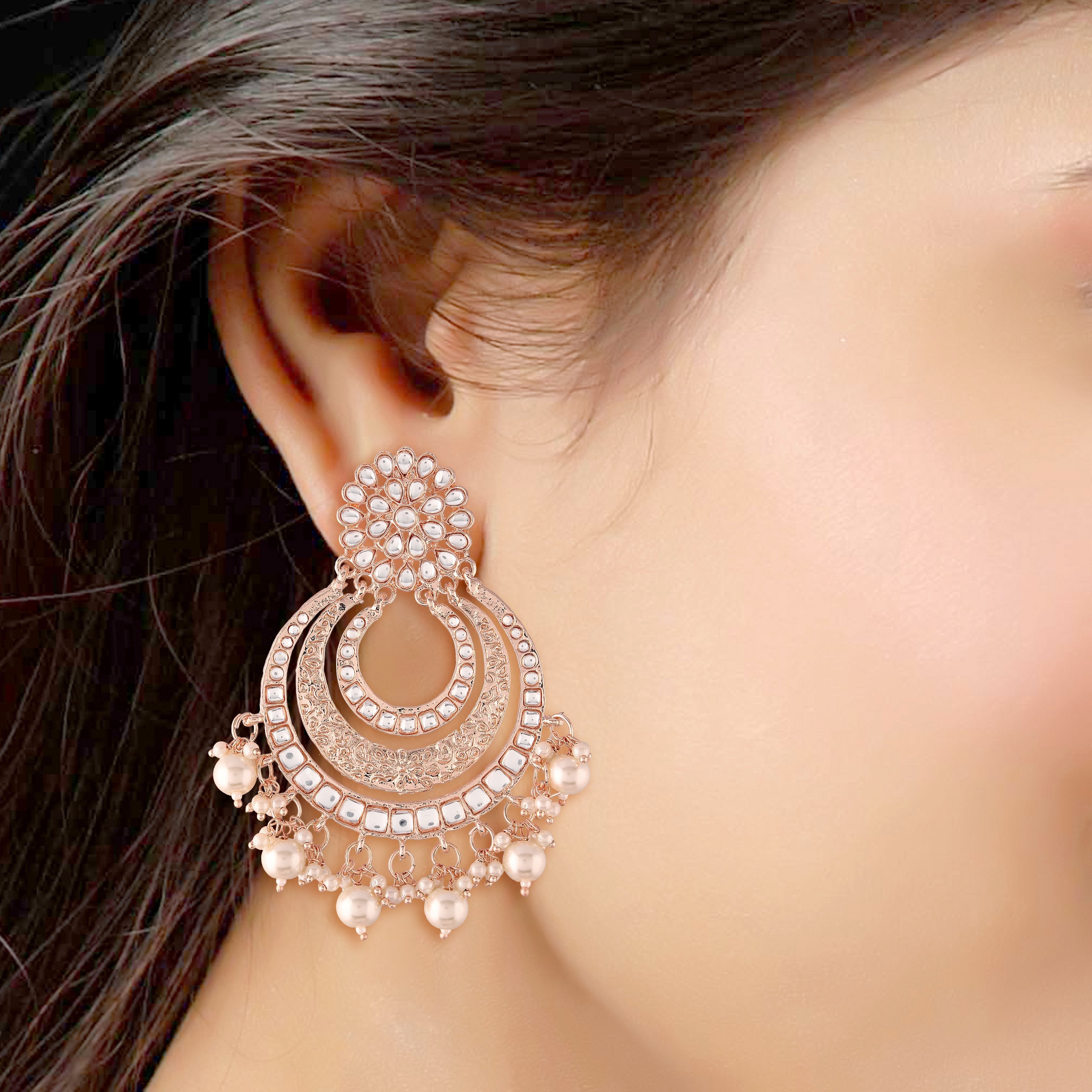 Women Rose Gold Kundan & Pearl Chandbali Earrings by I Jewels (1 Pai