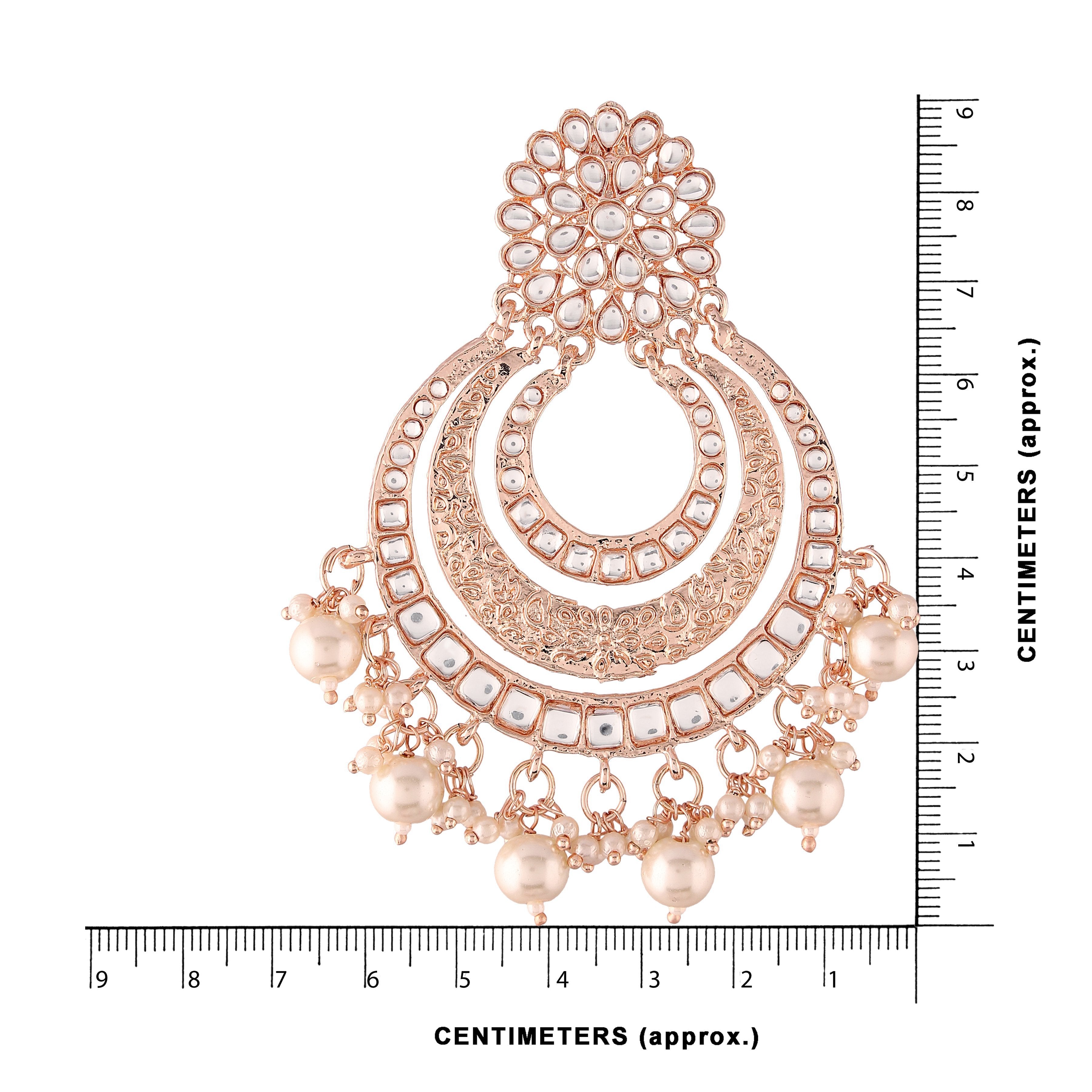 Women Rose Gold Kundan & Pearl Chandbali Earrings by I Jewels (1 Pai