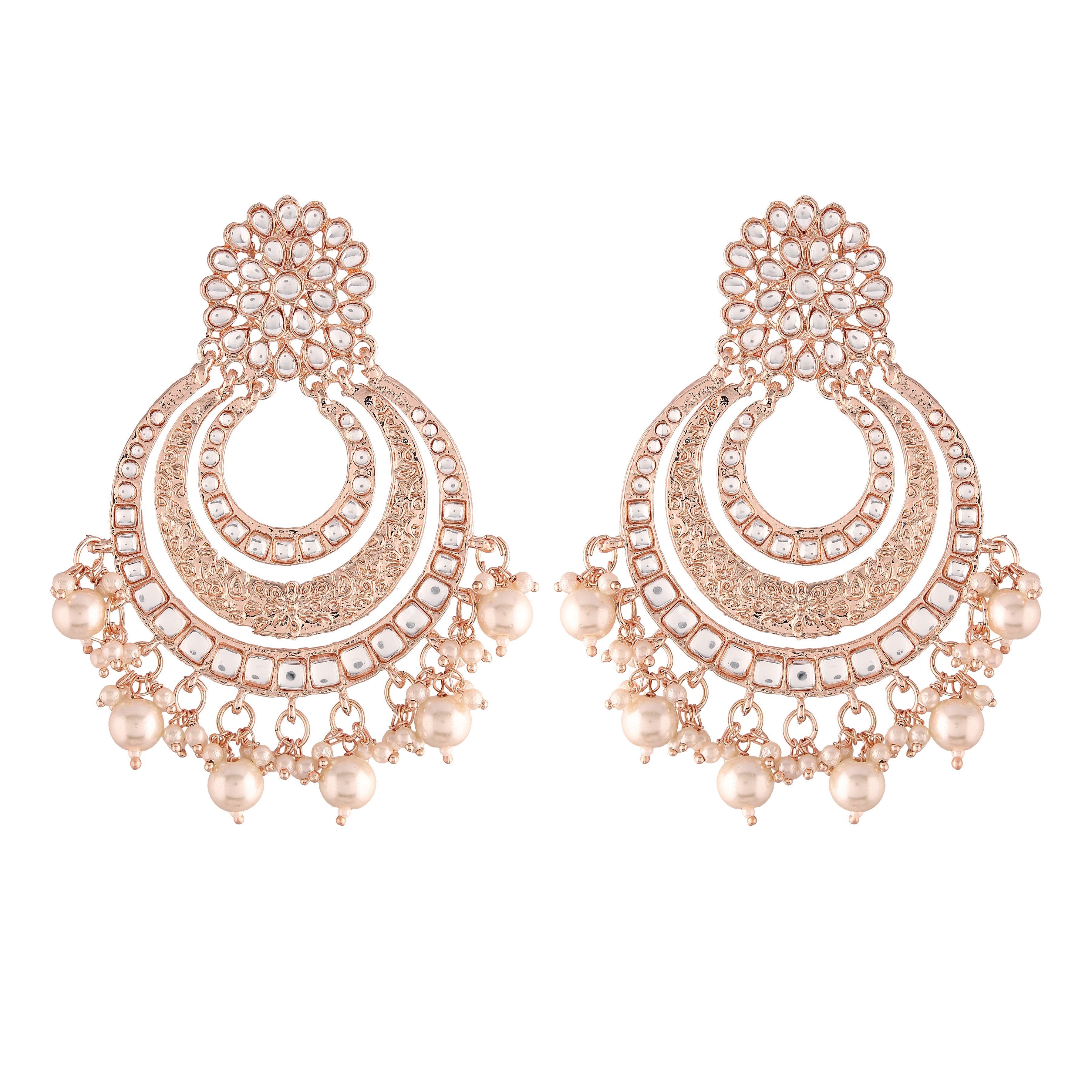 Women Rose Gold Kundan & Pearl Chandbali Earrings by I Jewels (1 Pai
