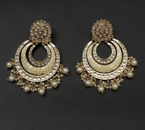 Women's  High Gold Matt Finish Plated Alloy Chandbali Kundan And Pearl Meenakari  Earrings