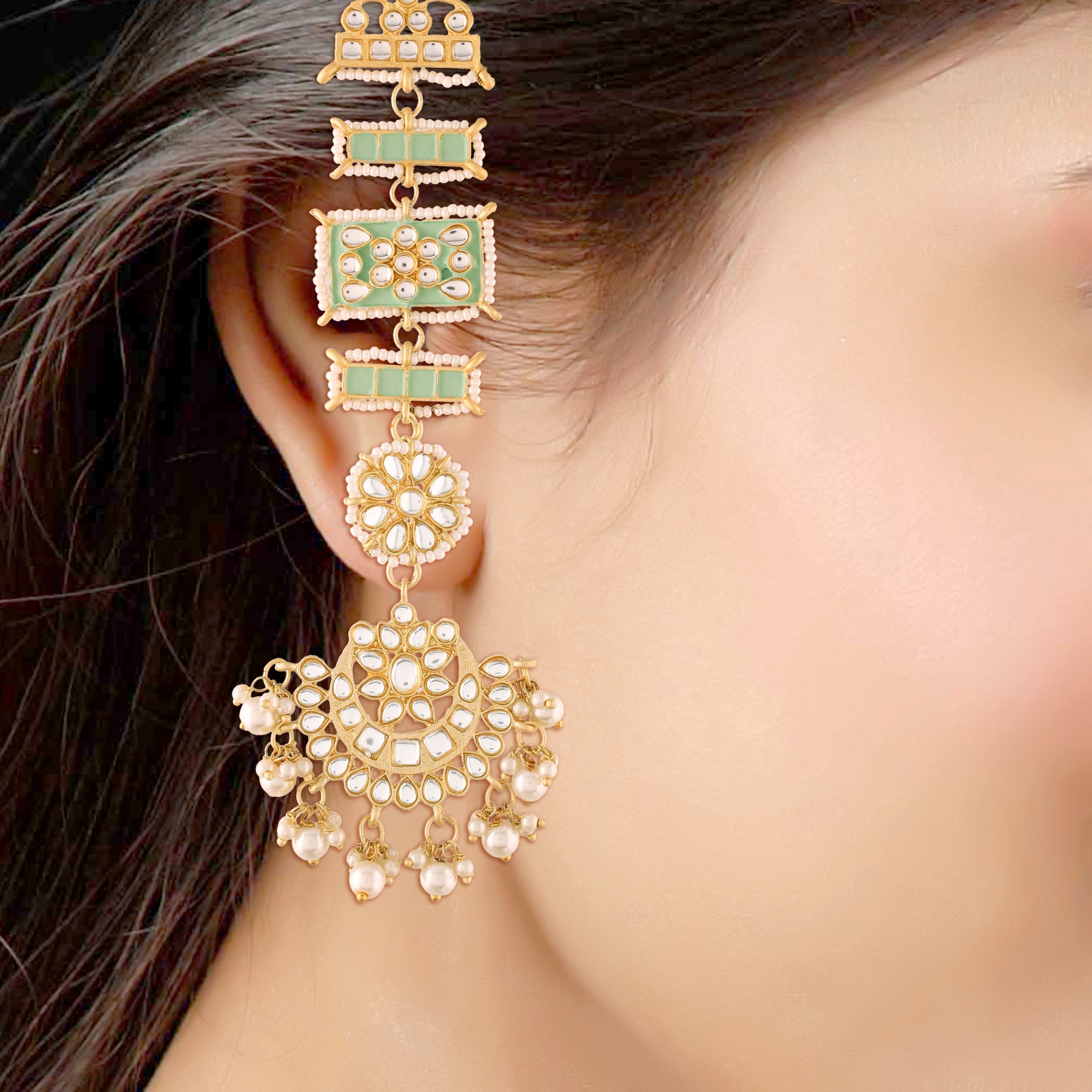 Women's Mint Gold Plated Zinc Alloy Matte Finish Kundan And Pearl Work Chandbali Earrings