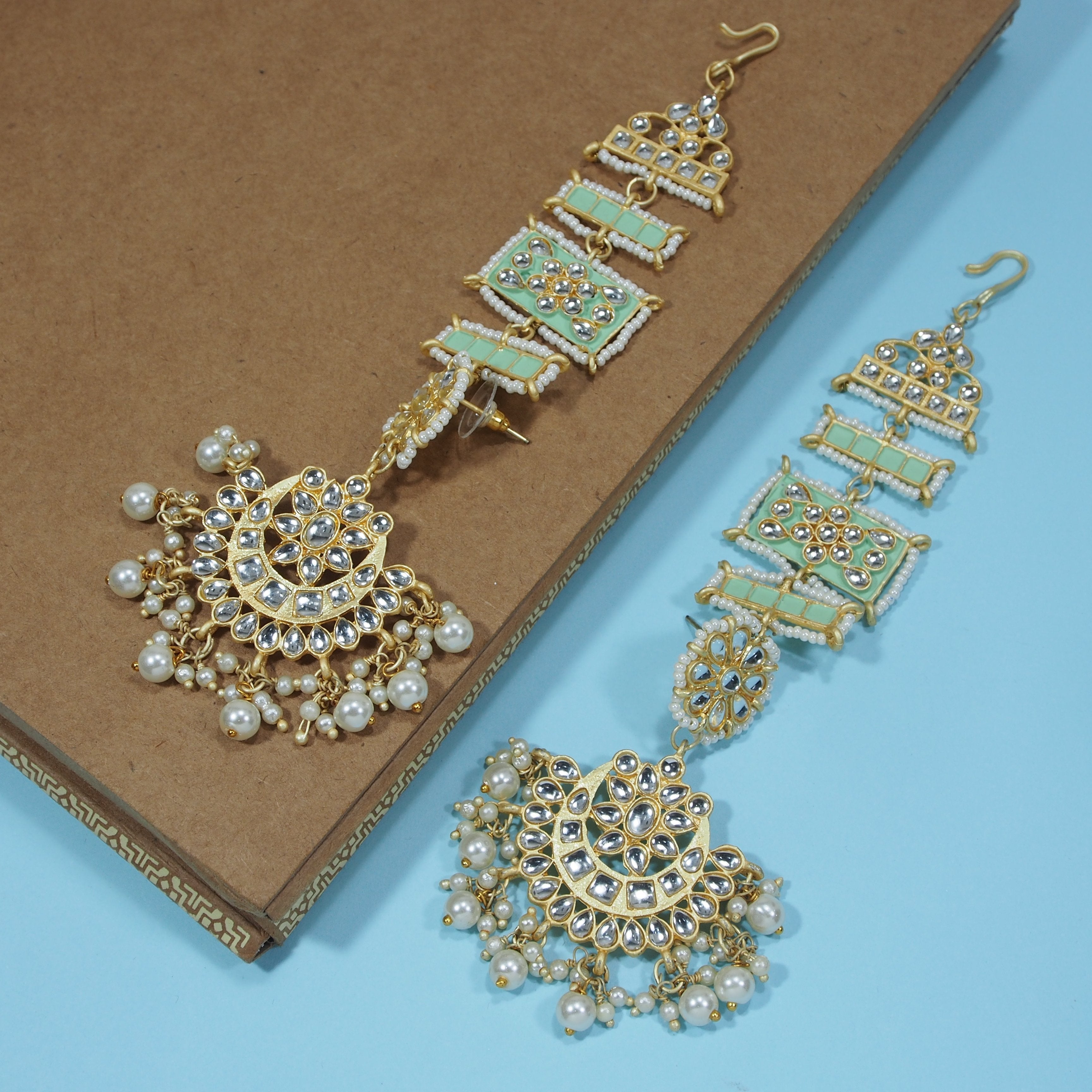 Women's Mint Gold Plated Zinc Alloy Matte Finish Kundan And Pearl Work Chandbali Earrings