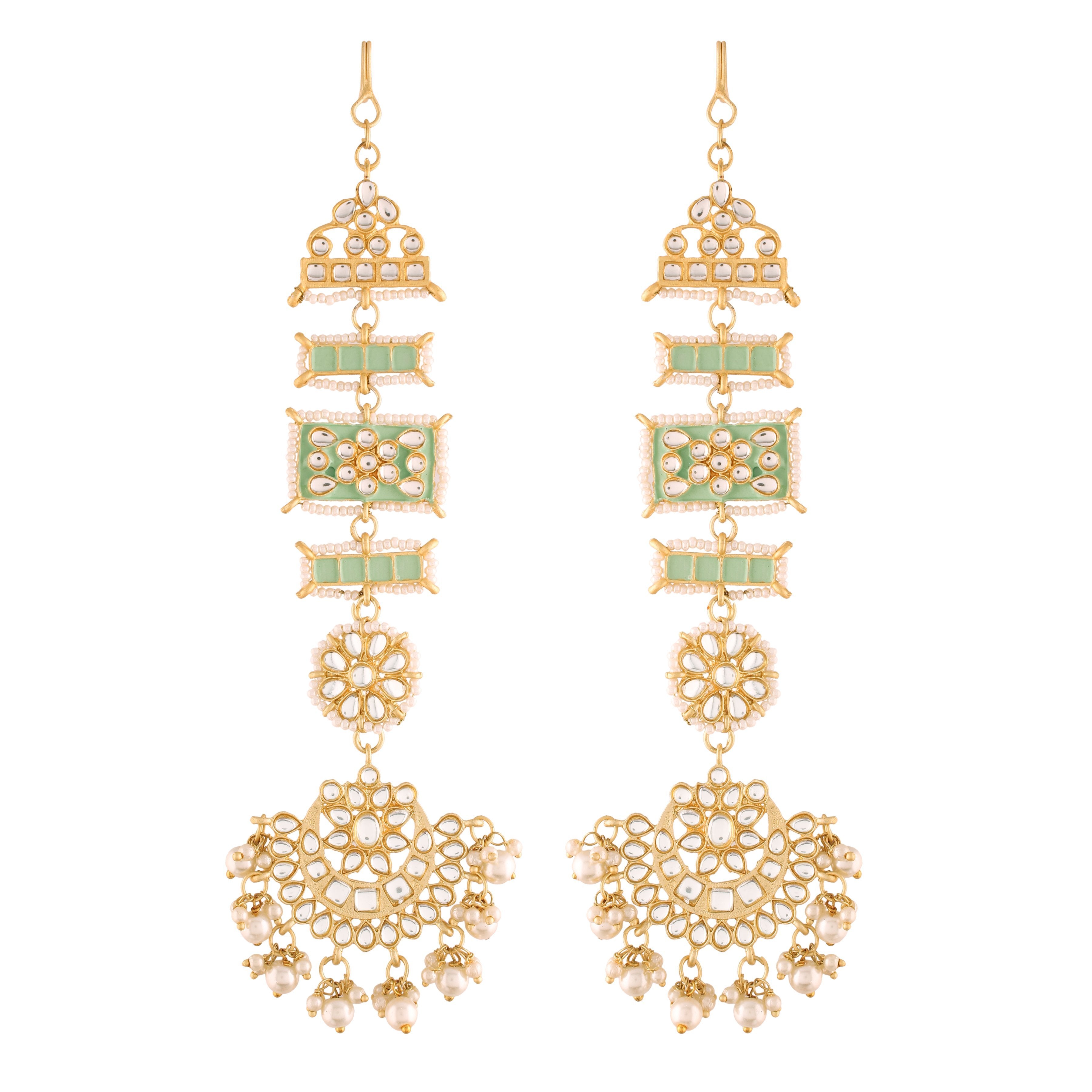 Women's Mint Gold Plated Zinc Alloy Matte Finish Kundan And Pearl Work Chandbali Earrings