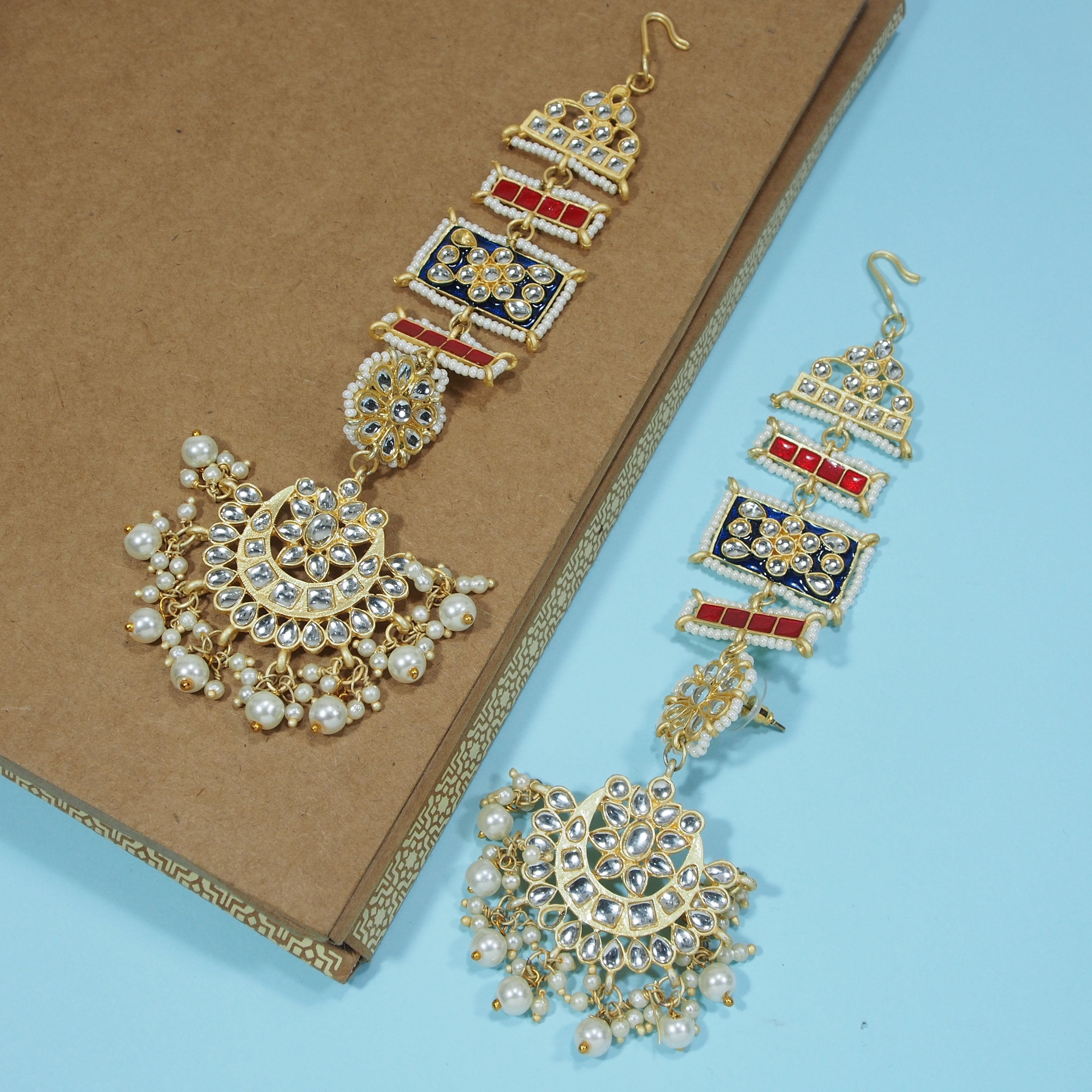 Women's Blue Gold Plated Zinc Alloy Matte Finish Kundan And Pearl Work Chandbali Earrings