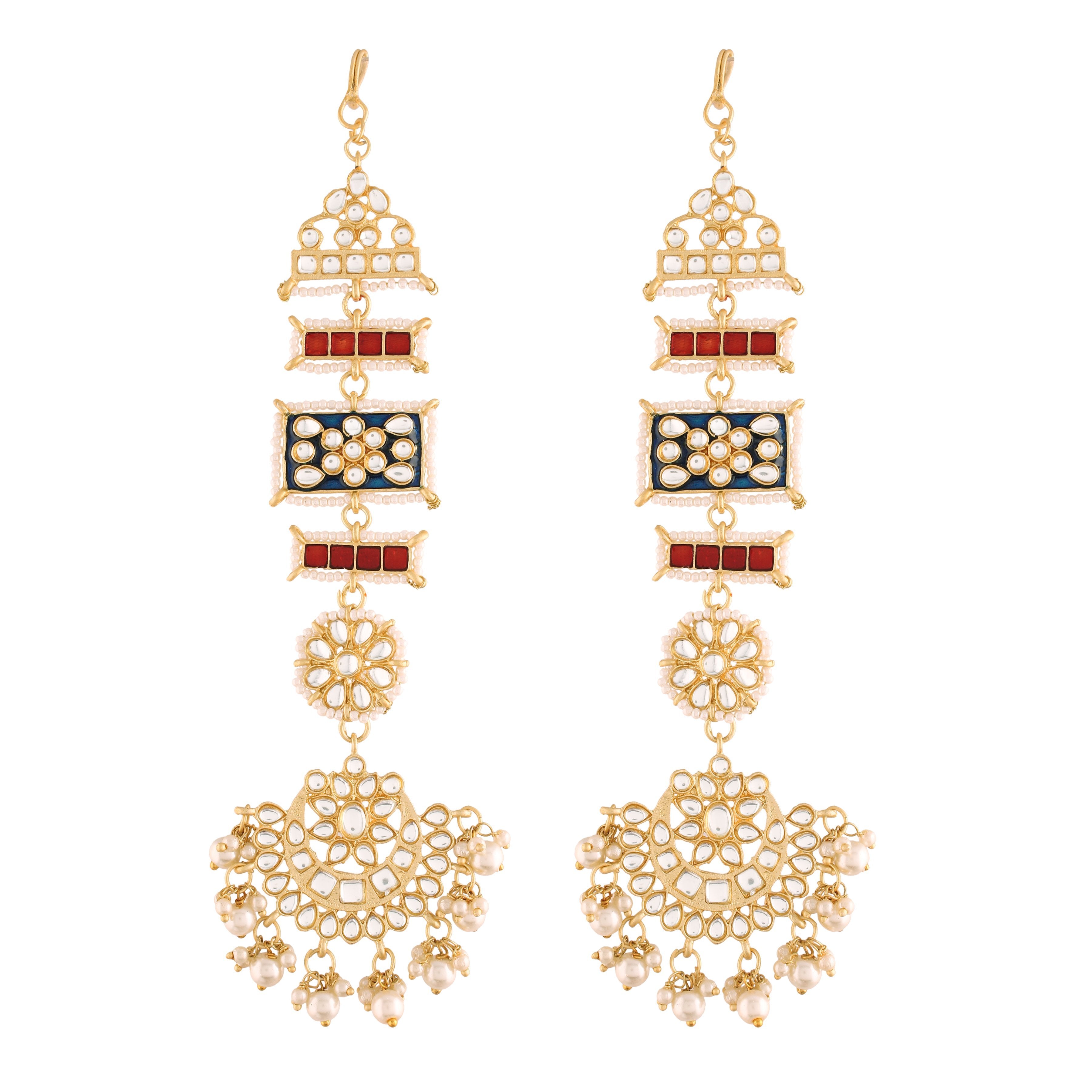 Women's Blue Gold Plated Zinc Alloy Matte Finish Kundan And Pearl Work Chandbali Earrings