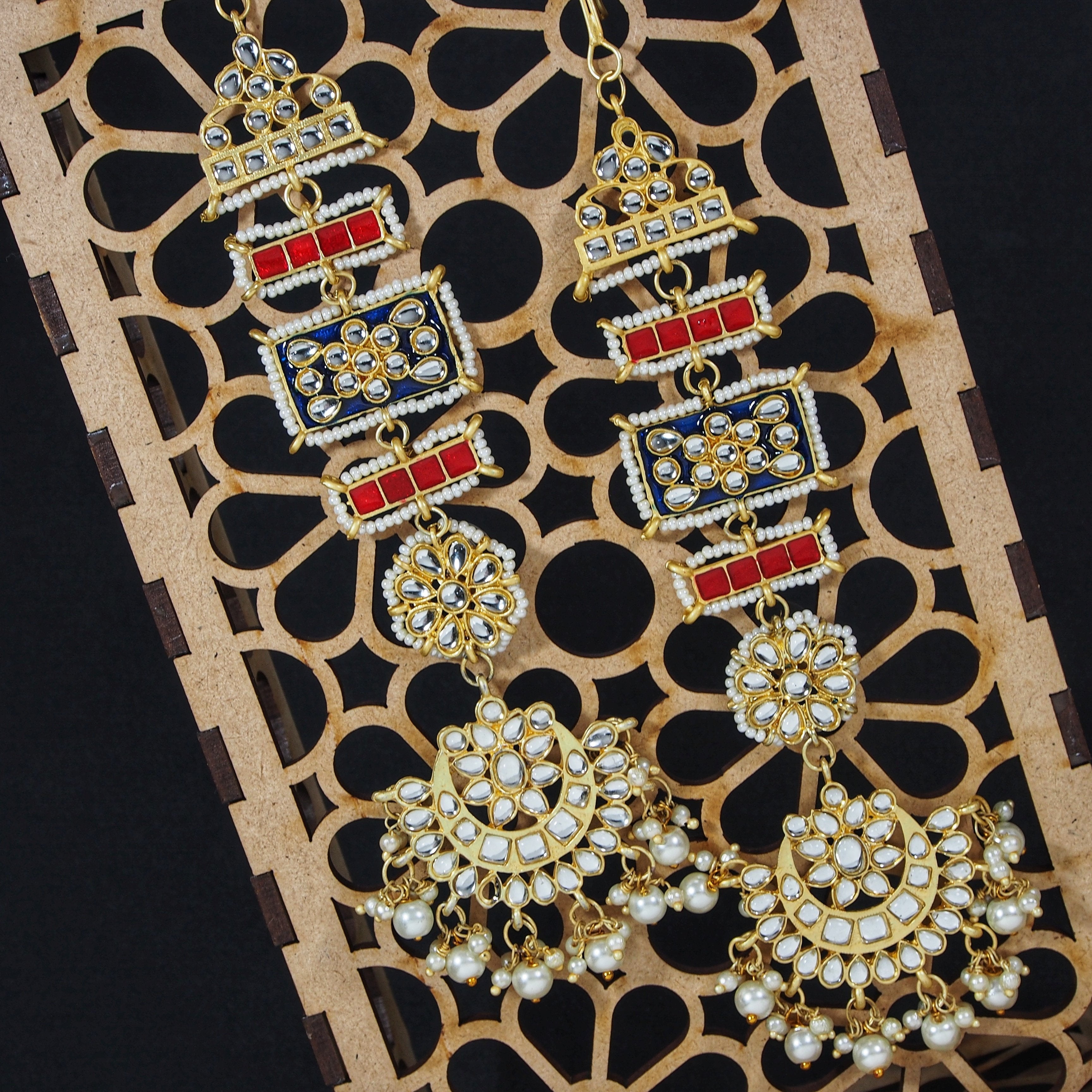 Women's Blue Gold Plated Zinc Alloy Matte Finish Kundan And Pearl Work Chandbali Earrings