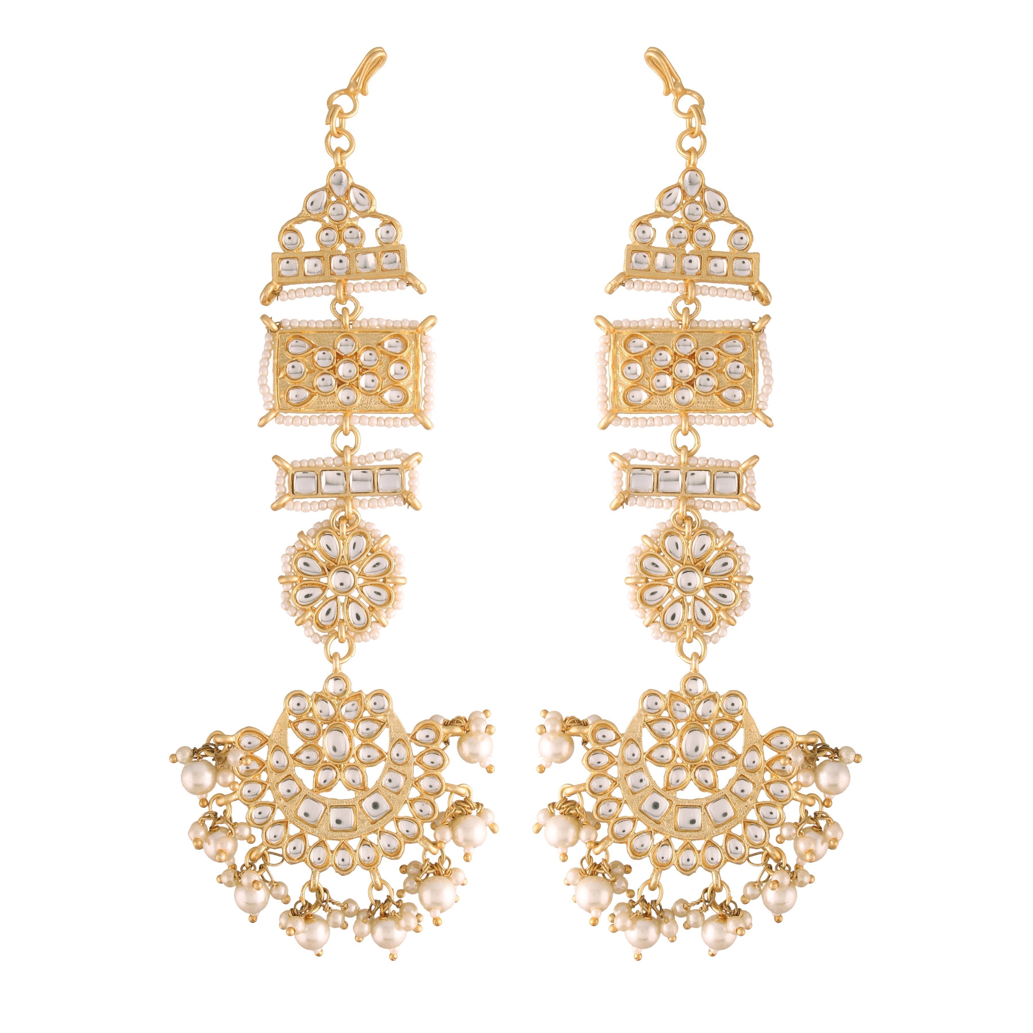 Women's Gold Plated Zinc Matte Finish Kundan And Pearl White Chandbali Earring