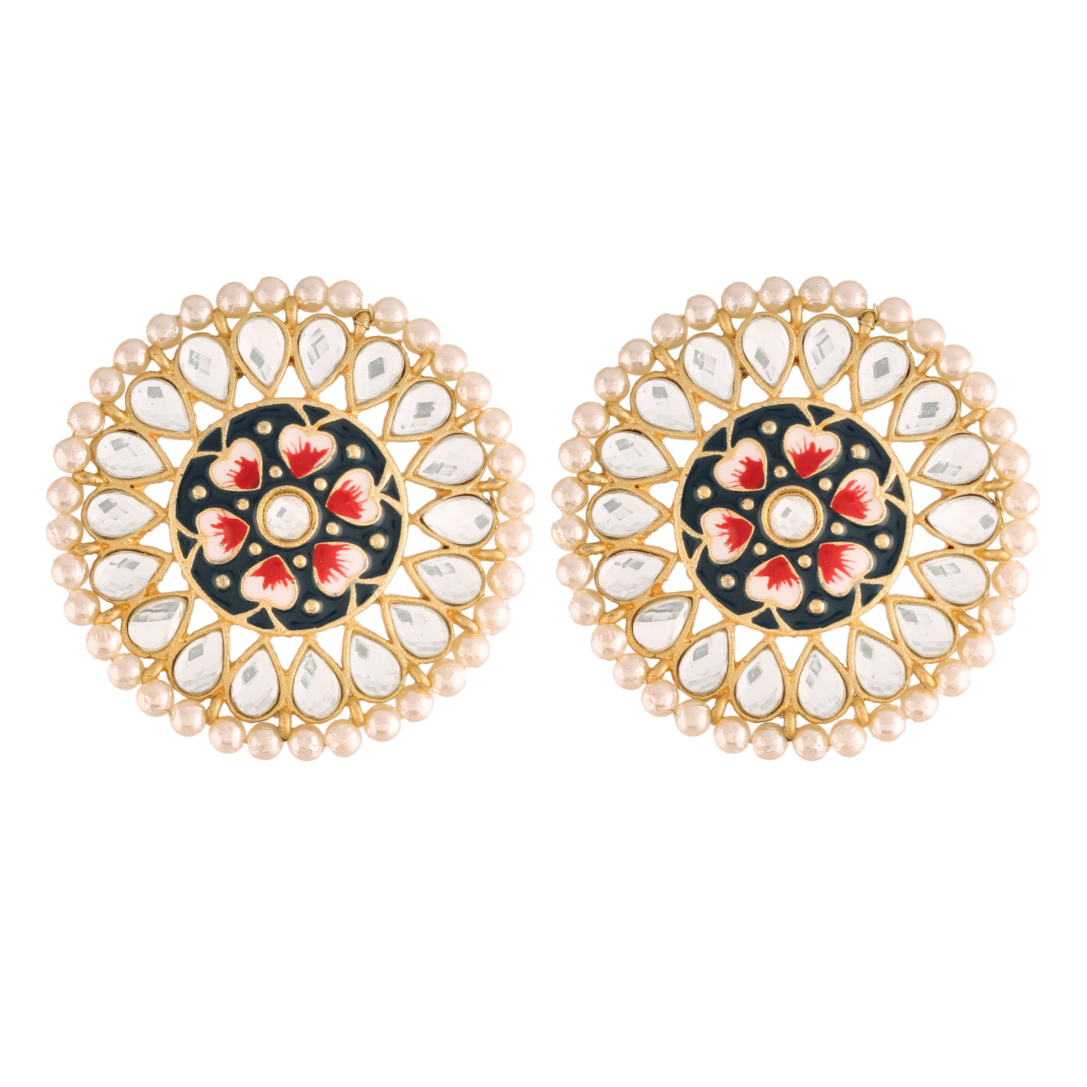 Women's  Gold Plated Round Kundan Pearl Meena Work Handcraft Blue Stud Earring