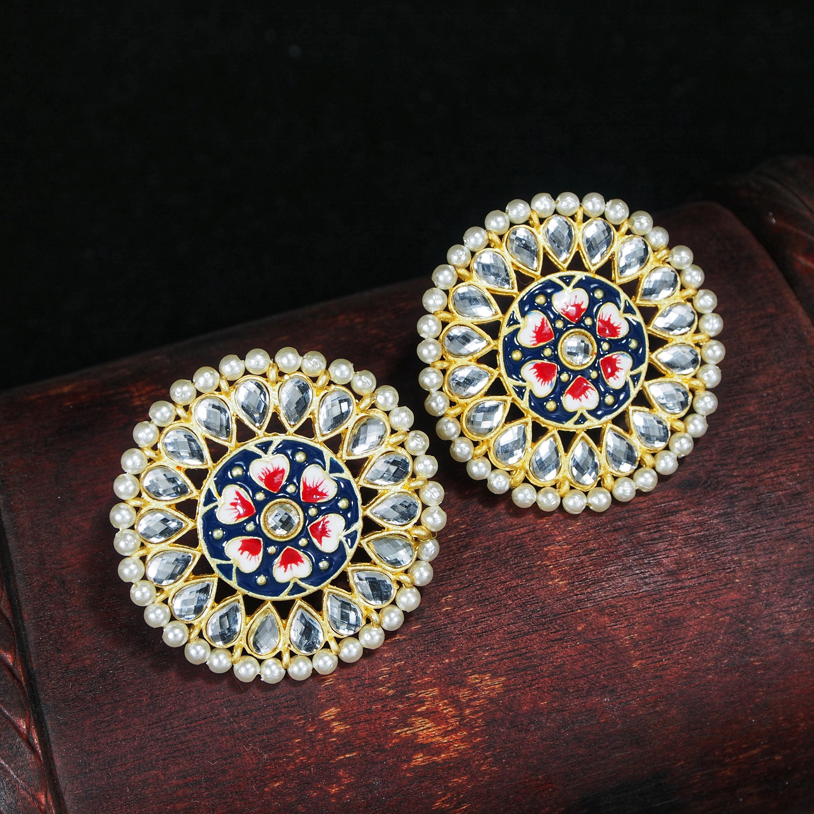 Women's  Gold Plated Round Kundan Pearl Meena Work Handcraft Blue Stud Earring
