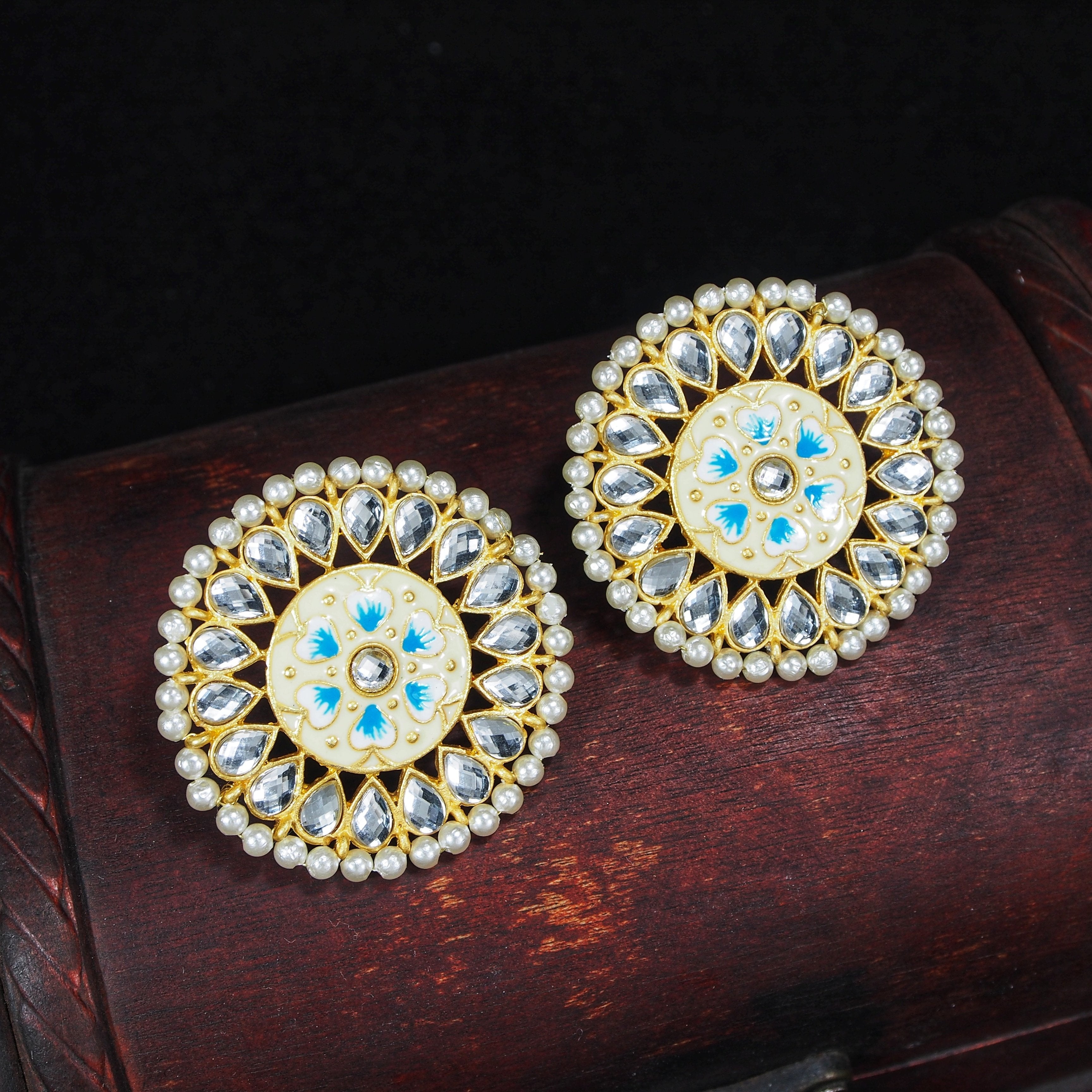 Women's  Blue Gold Plated Round Kundan Pearl Meena Work Handcraft Stud Earring