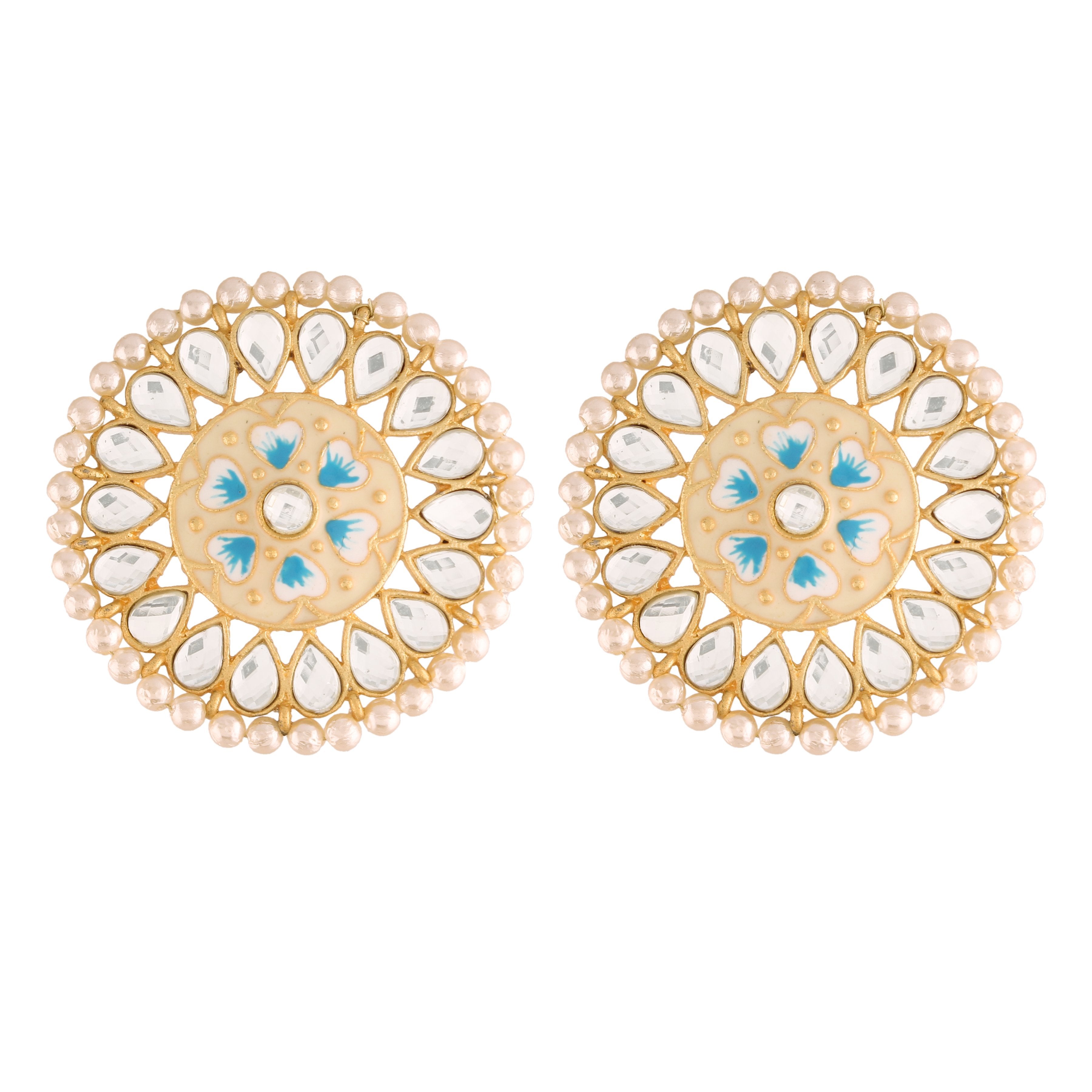 Women's  Blue Gold Plated Round Kundan Pearl Meena Work Handcraft Stud Earring