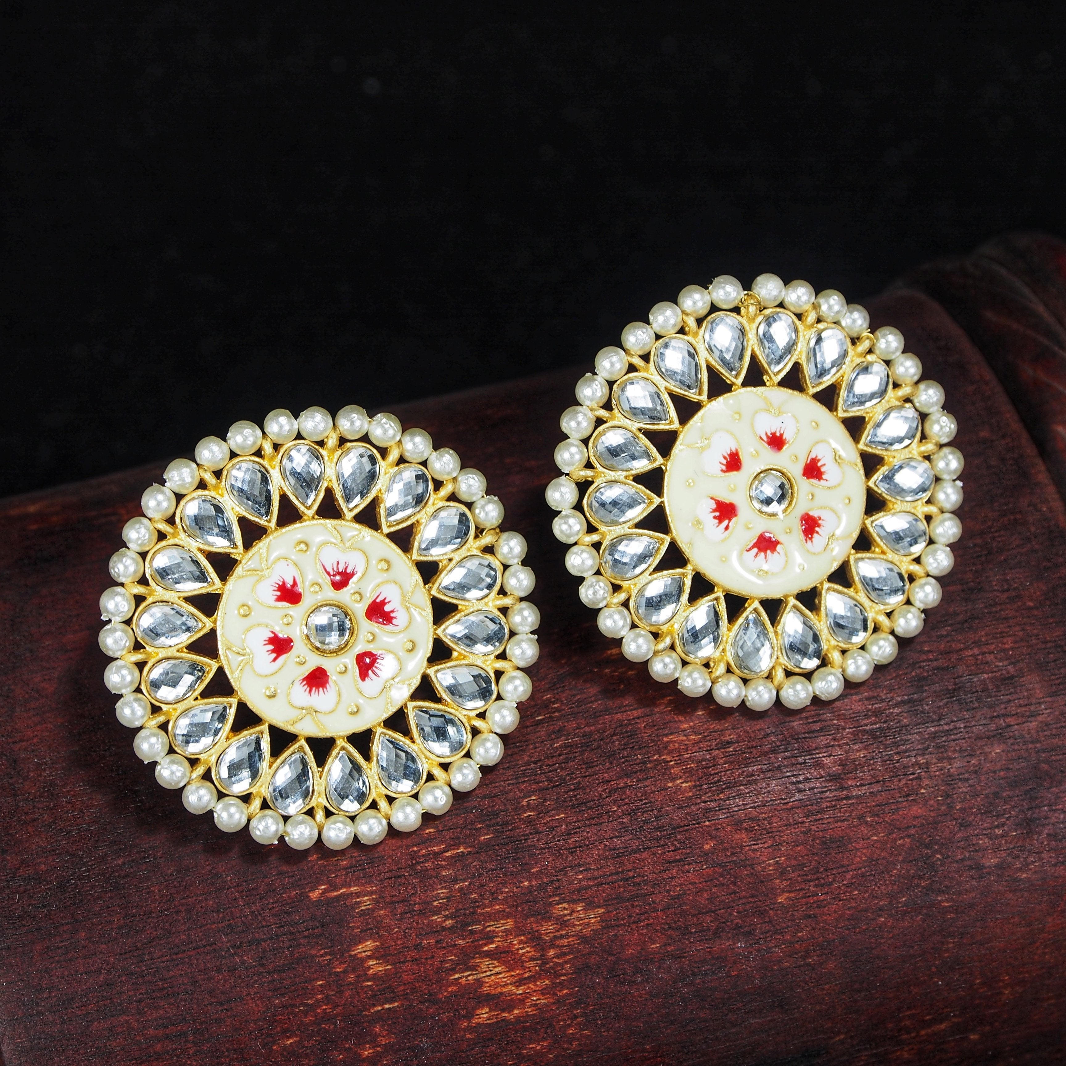 Women's  Gold Plated Round Kundan Pearl Meena Work Handcraft Cream Stud Earring