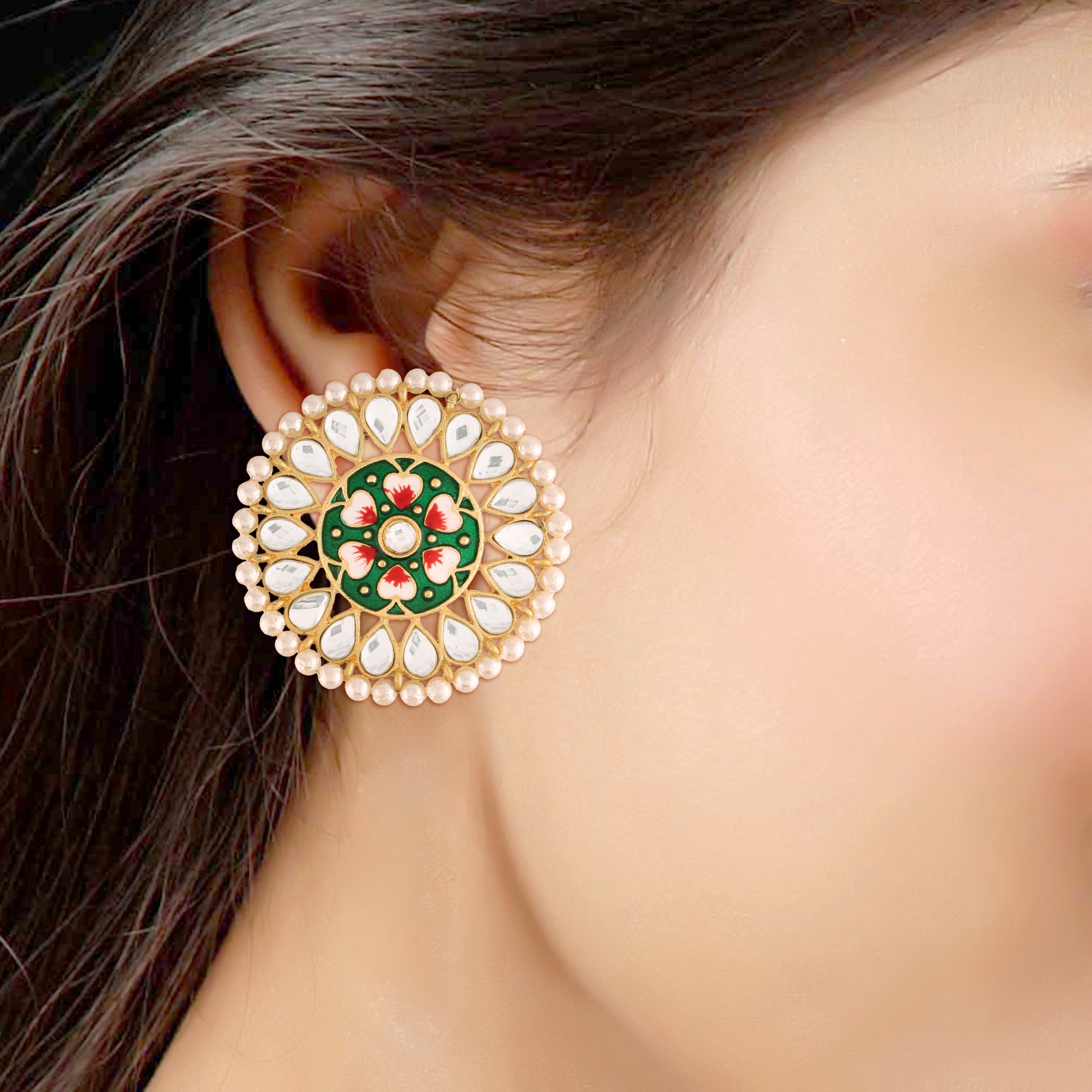 Women's  Gold Plated Round Kundan Pearl Meena Work Handcraft Green Stud Earring