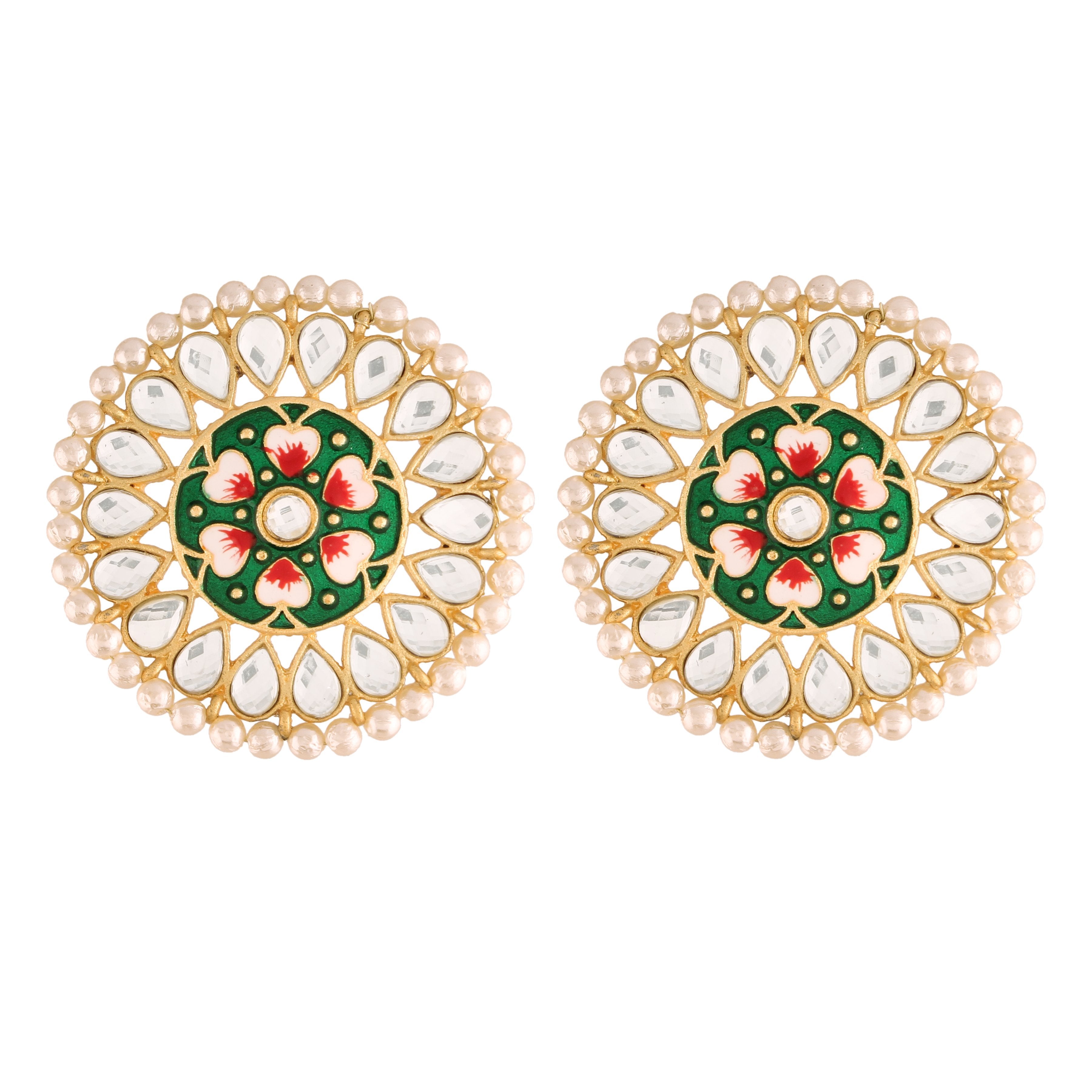 Women's  Gold Plated Round Kundan Pearl Meena Work Handcraft Green Stud Earring