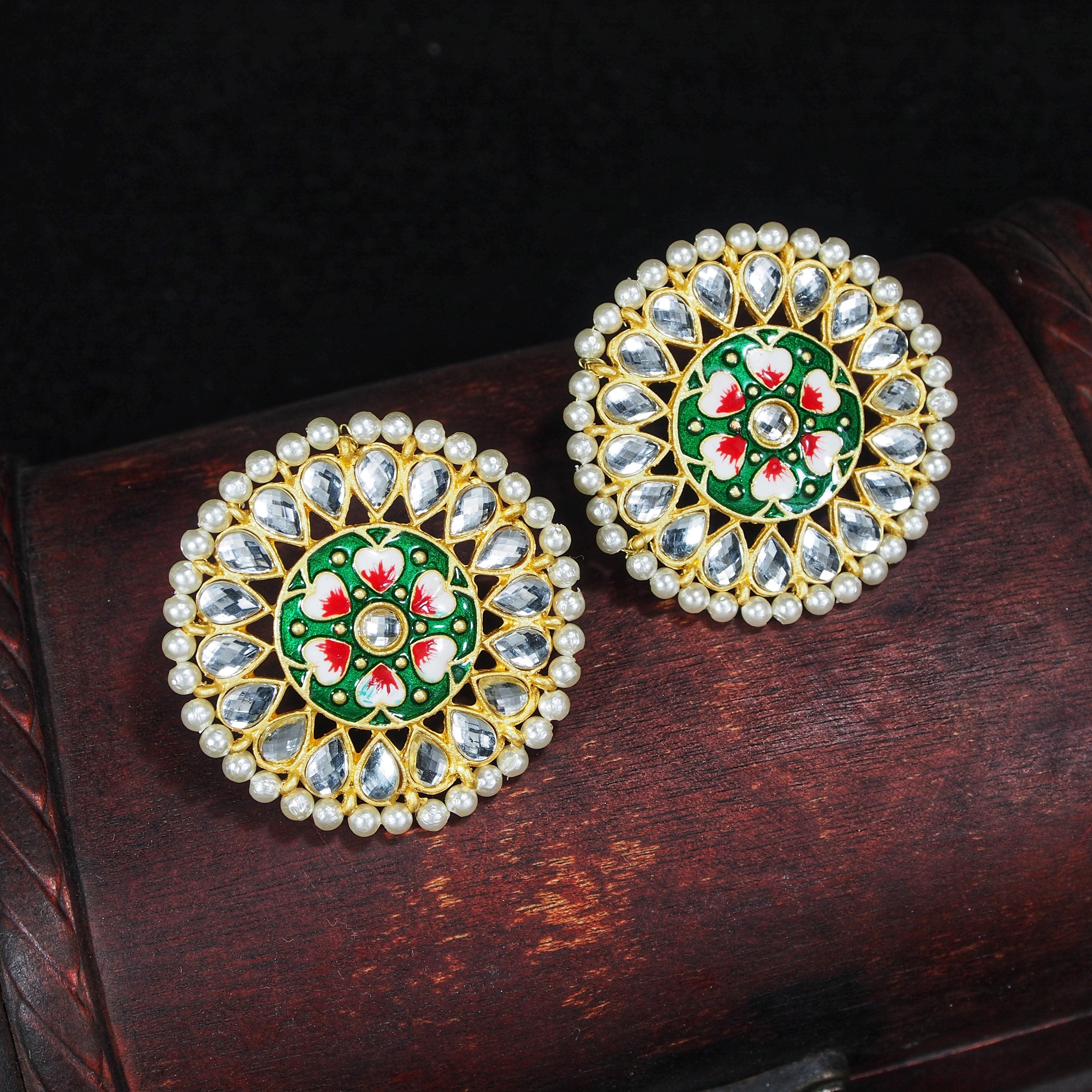 Women's  Gold Plated Round Kundan Pearl Meena Work Handcraft Green Stud Earring