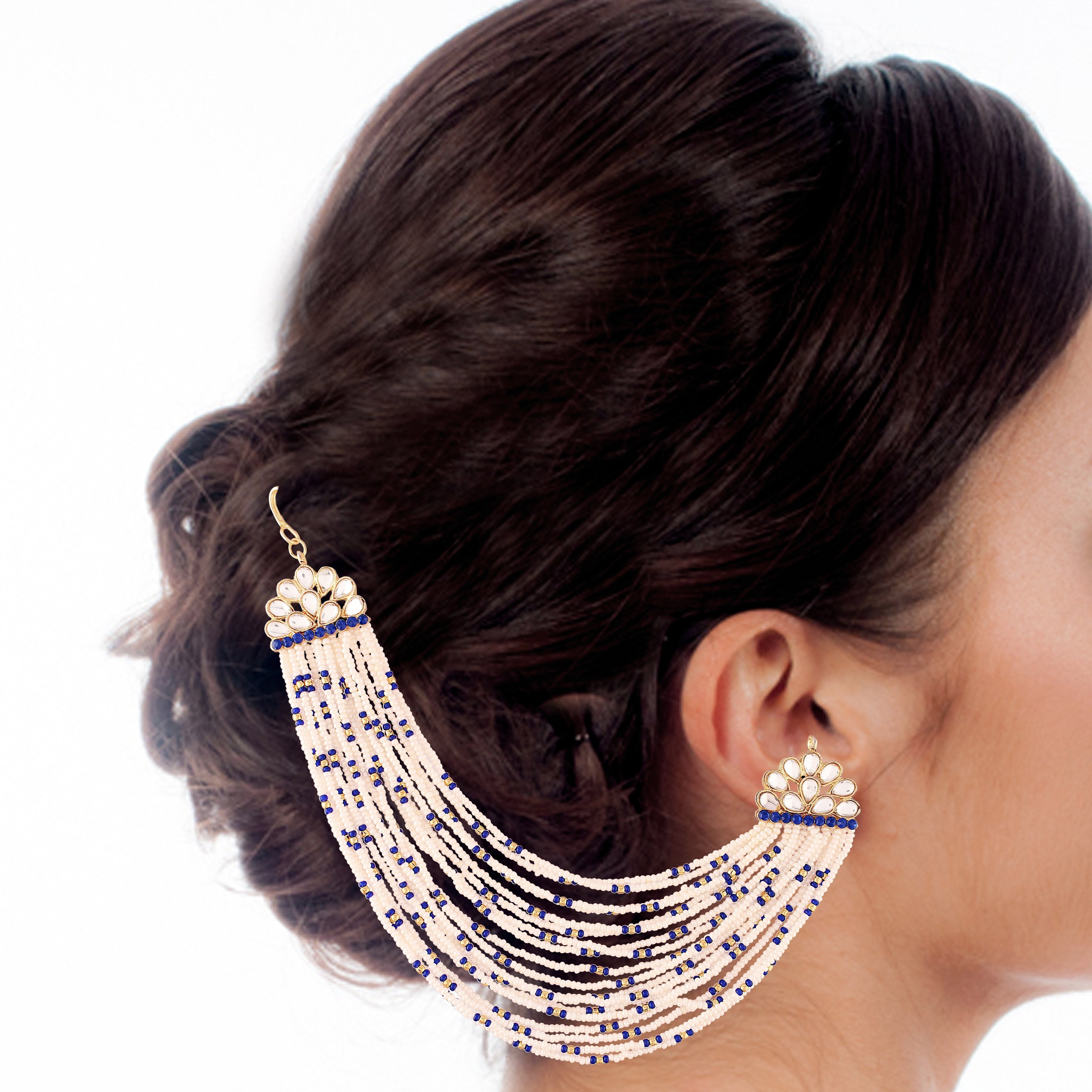 Women's Blue  Gold Plated Multi Strand Earring With Ear Chain Embellished With Pearl