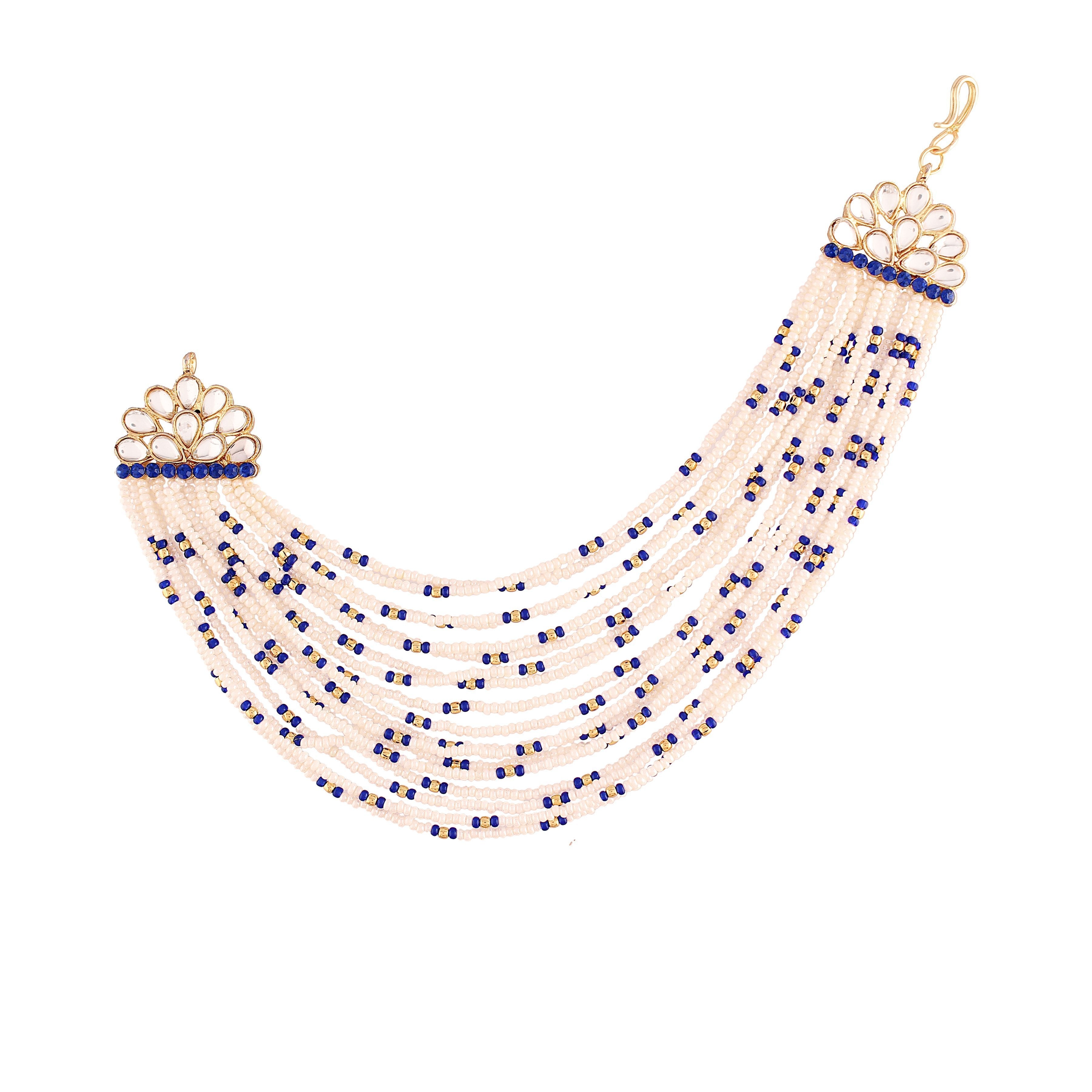 Women's Blue  Gold Plated Multi Strand Earring With Ear Chain Embellished With Pearl