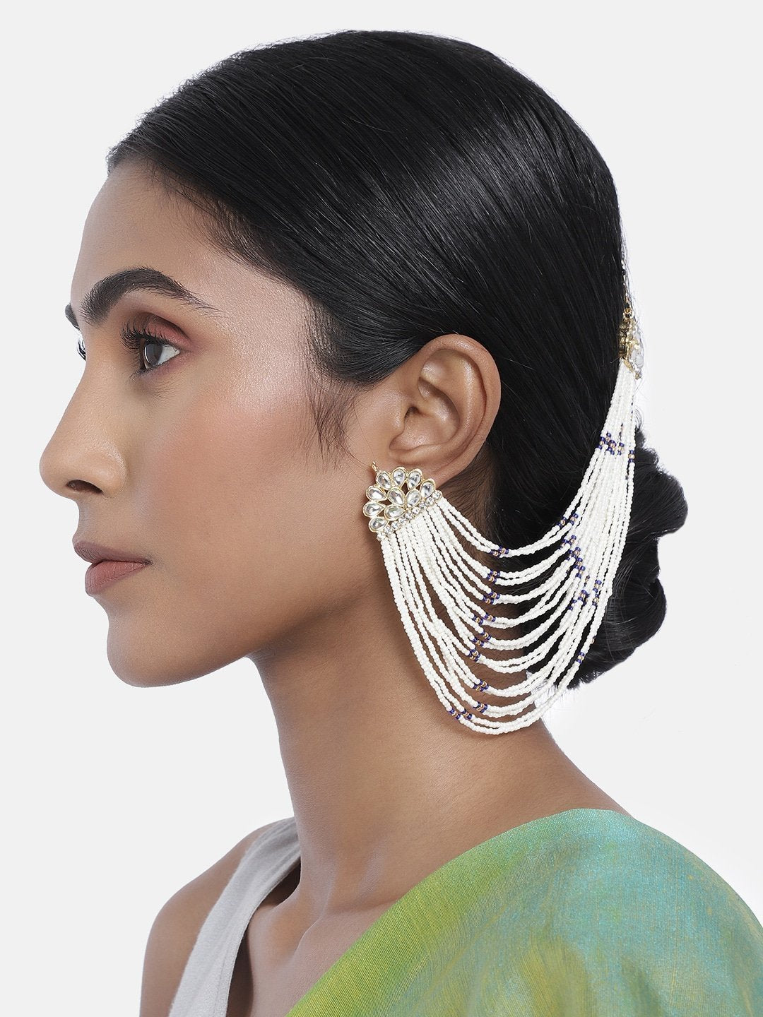 Women's Blue  Gold Plated Multi Strand Earring With Ear Chain Embellished With Pearl