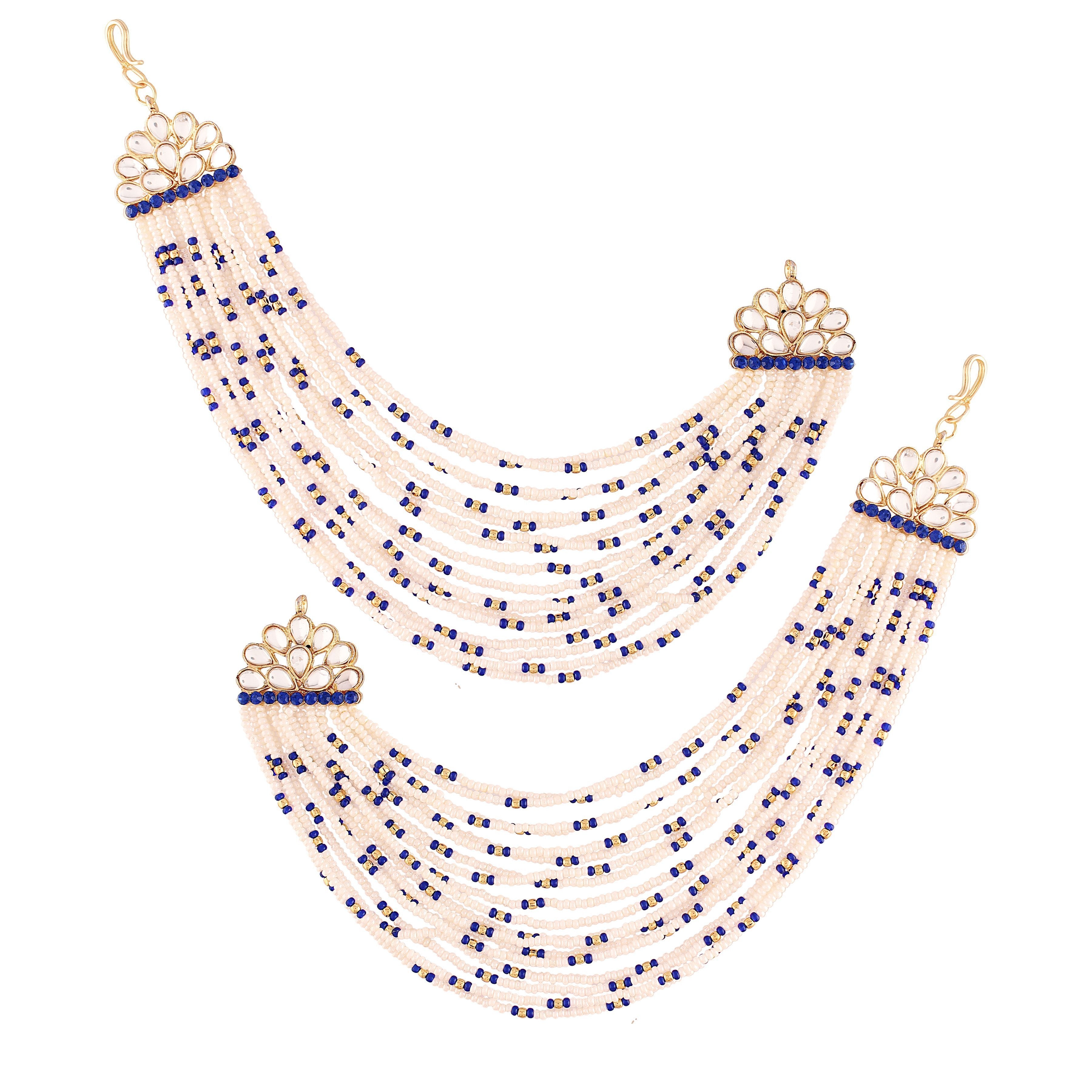 Women's Blue  Gold Plated Multi Strand Earring With Ear Chain Embellished With Pearl