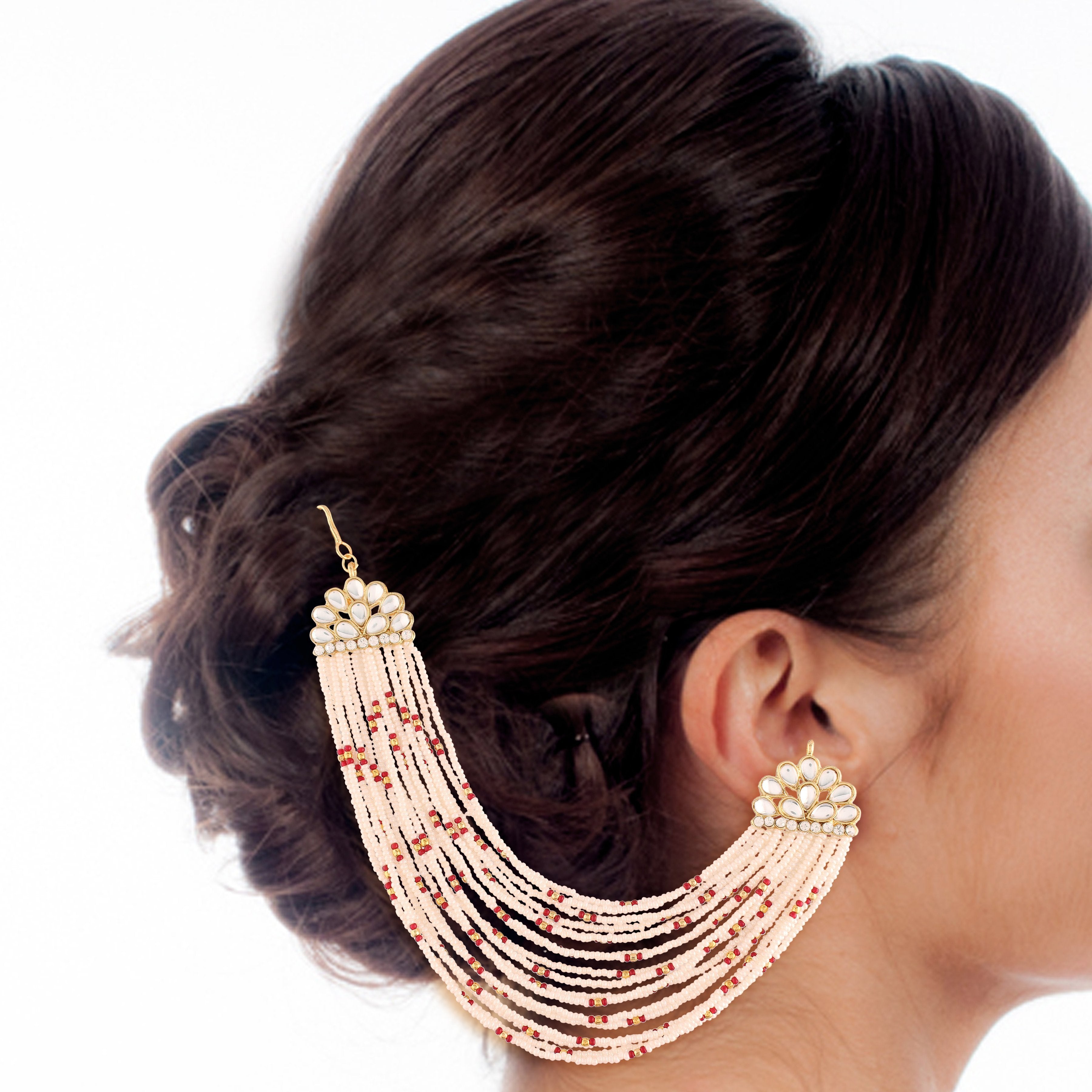 Women's  Gold Plated Maroon Multi Strand Earring With Ear Chain Embellished With Pearl