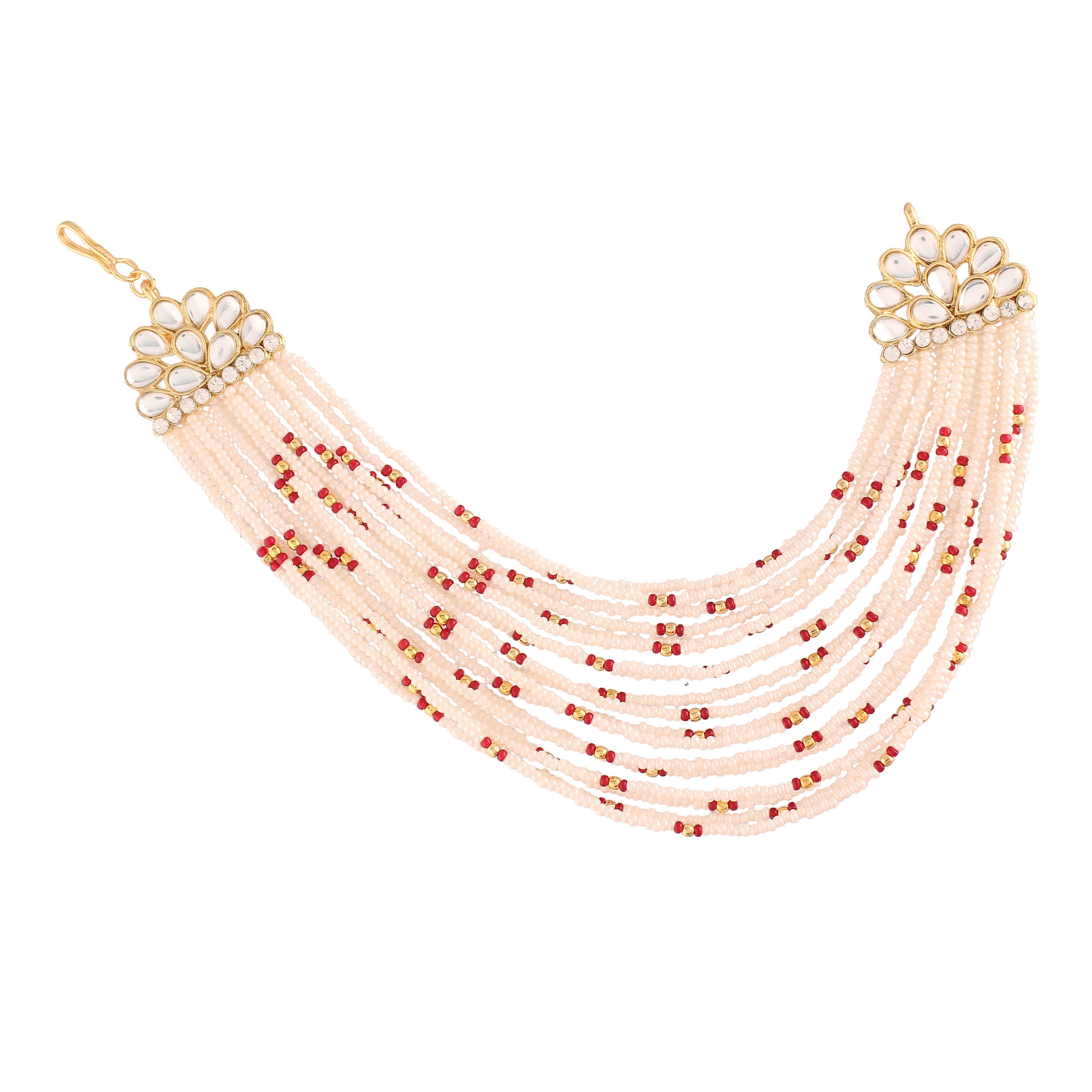 Women's  Gold Plated Maroon Multi Strand Earring With Ear Chain Embellished With Pearl