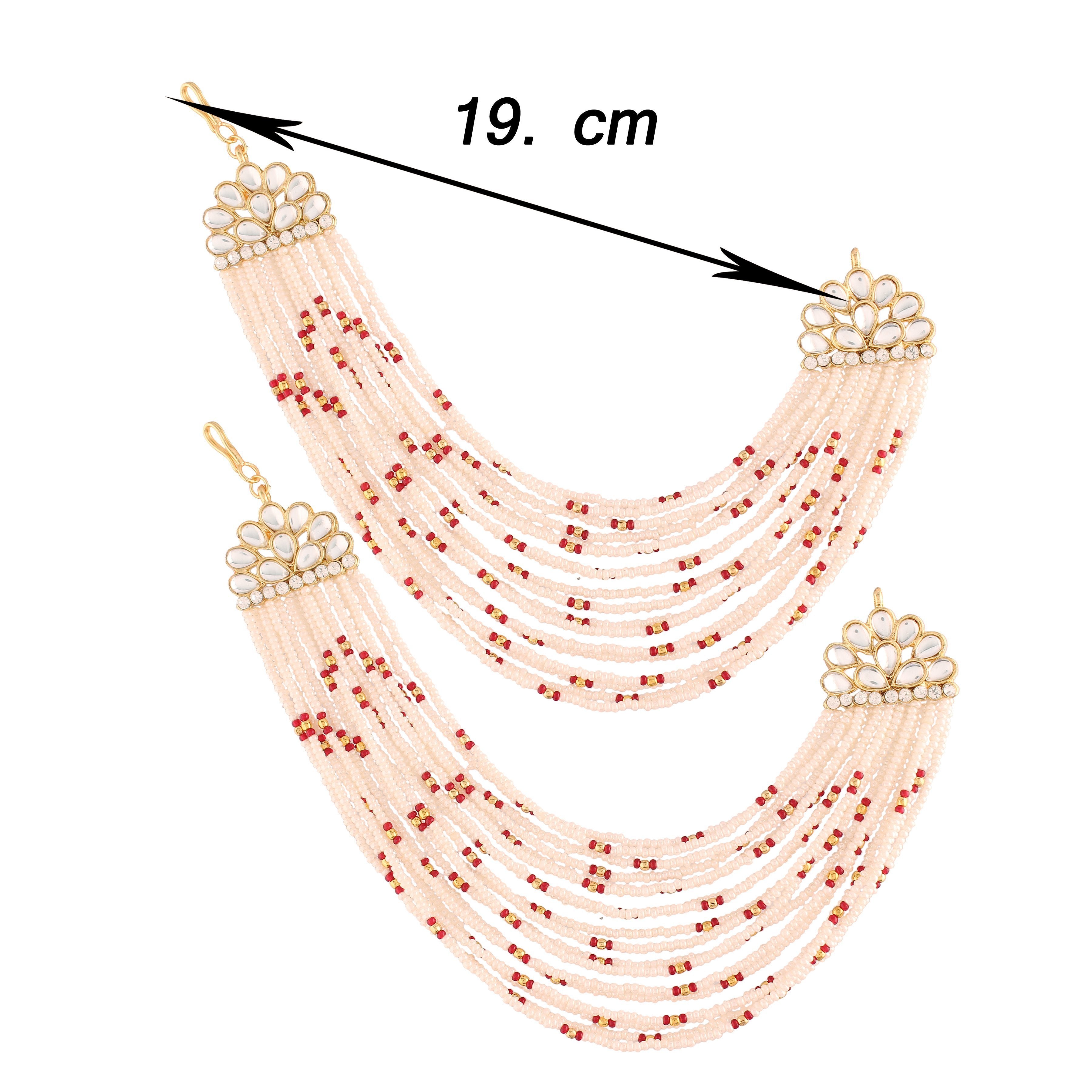 Women's  Gold Plated Maroon Multi Strand Earring With Ear Chain Embellished With Pearl