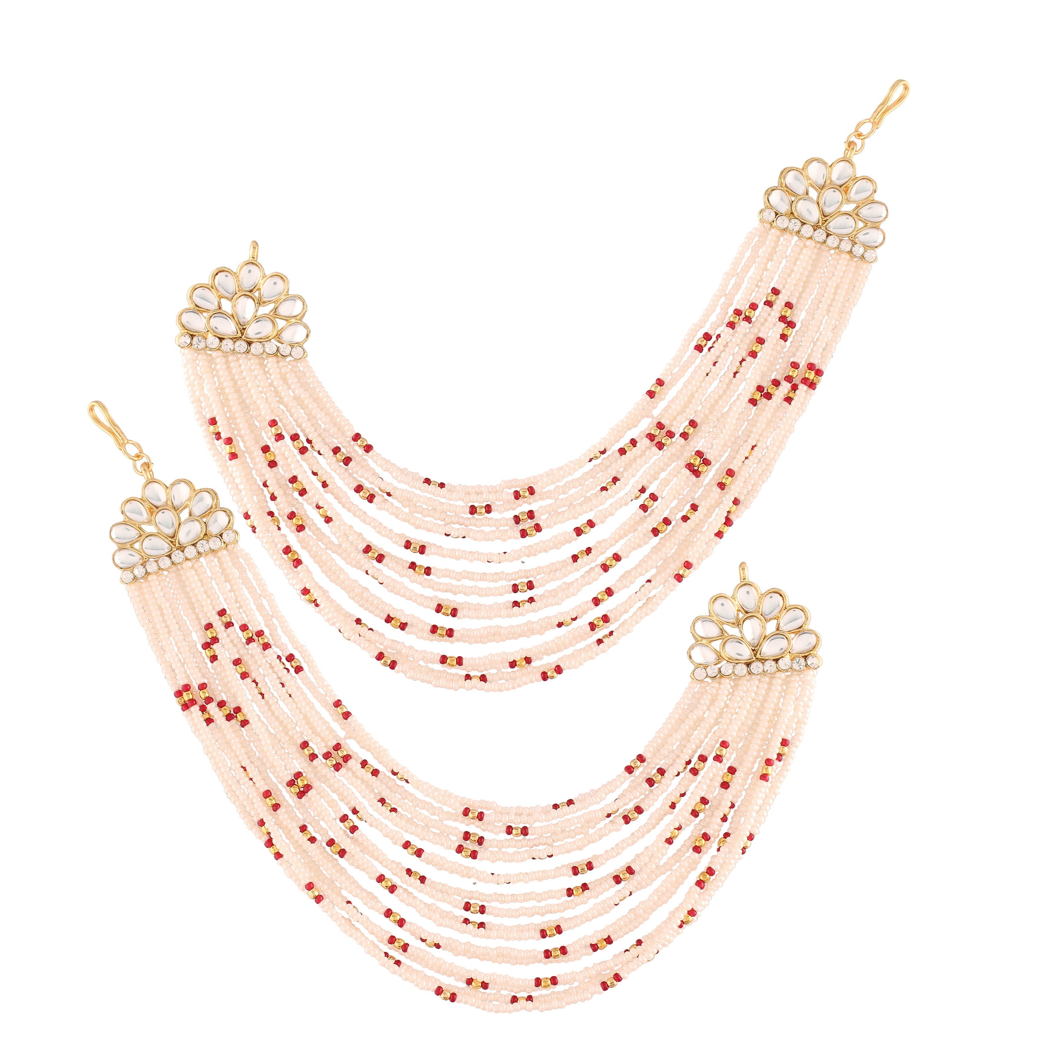 Women's  Gold Plated Maroon Multi Strand Earring With Ear Chain Embellished With Pearl