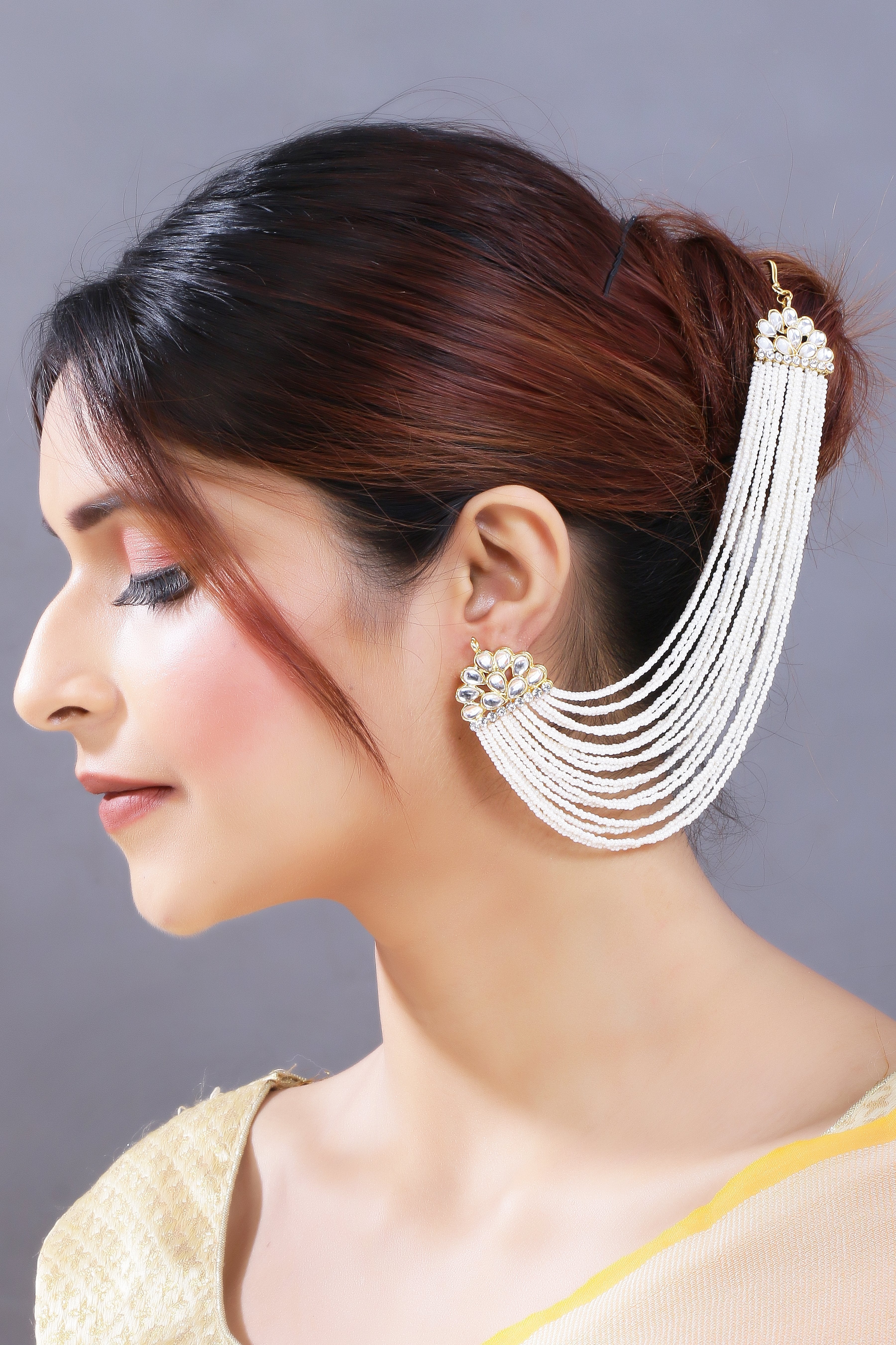 Women's Gold Plated White Multi Strand Earring With Ear Chain Embellished With Pearl
